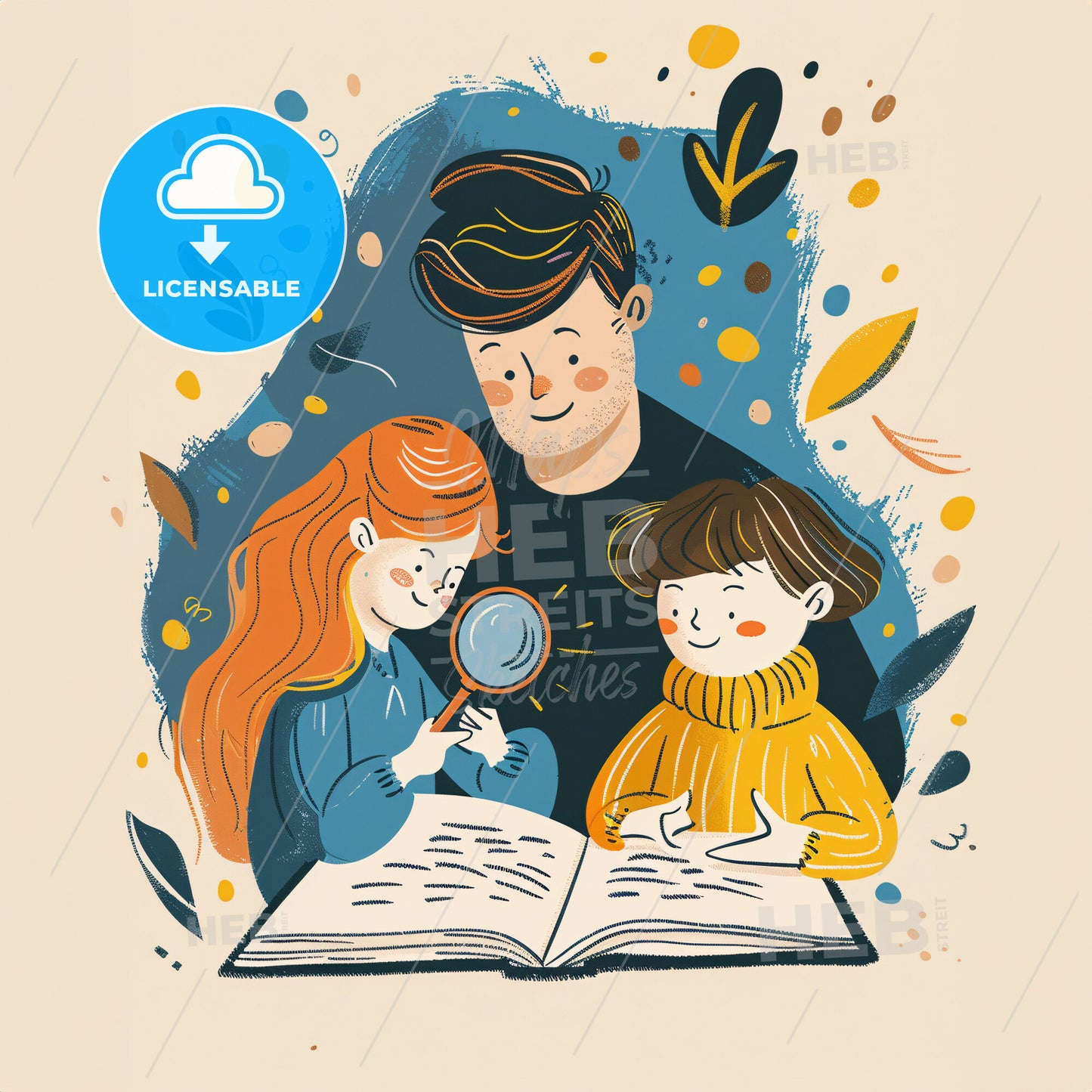 A child and A woman with long hair - A man and two children reading a book