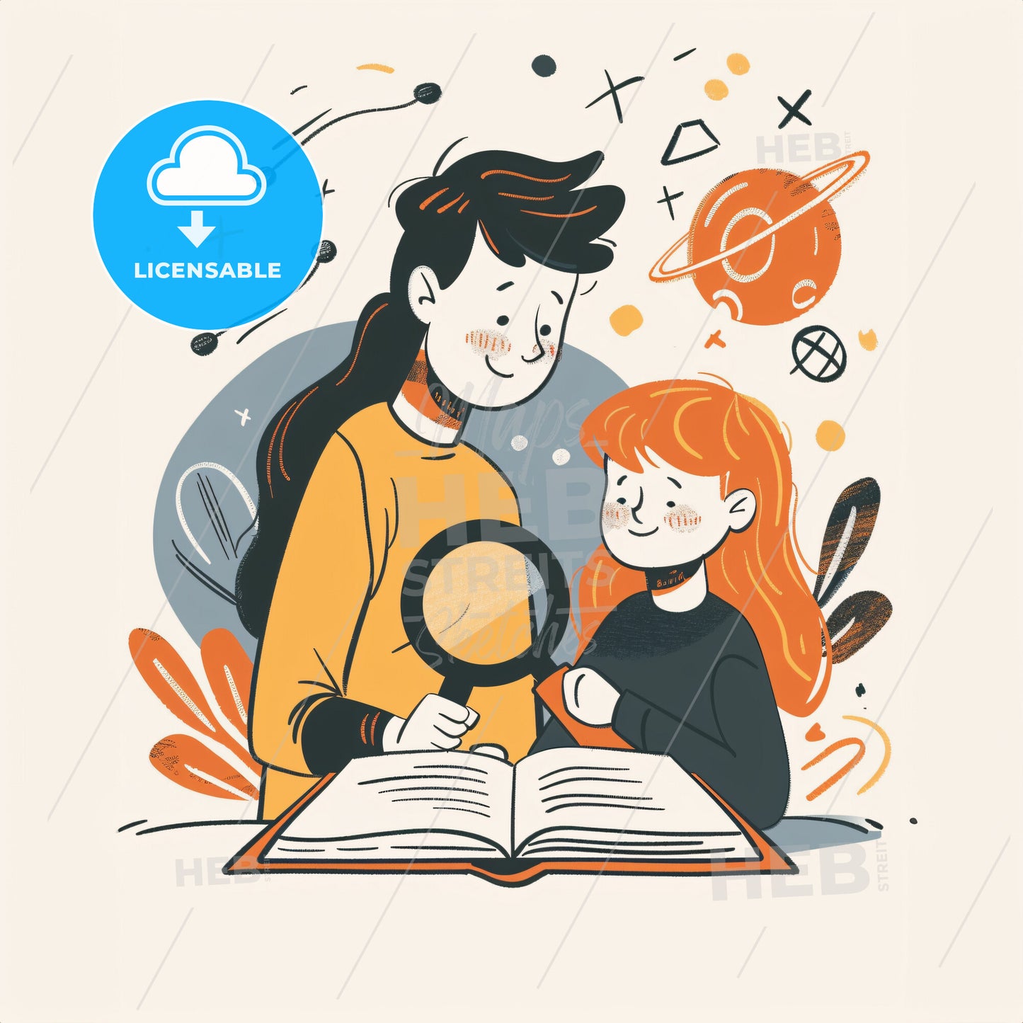 A child and A woman with long hair - A woman and a child looking at a magnifying glass