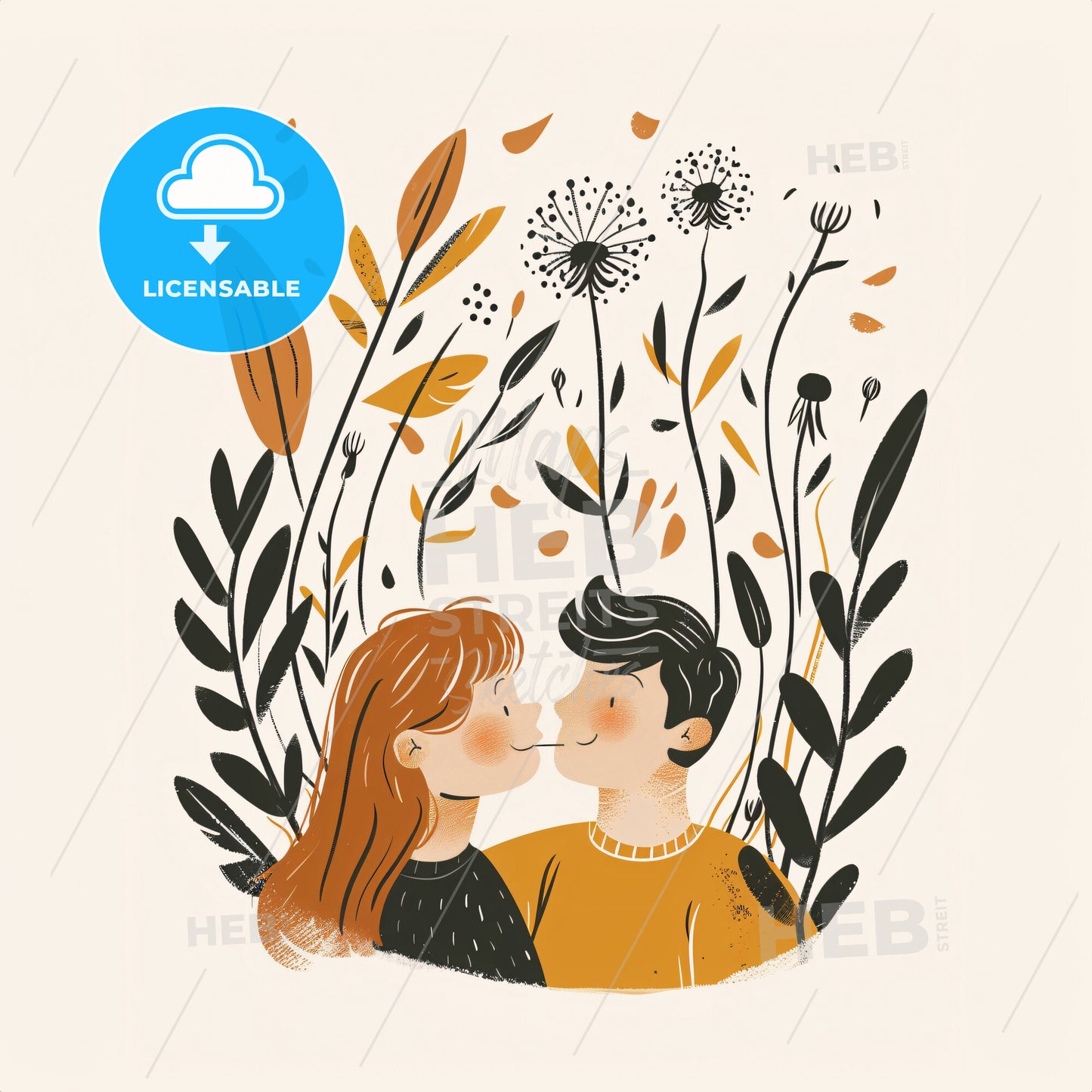 A child blows on a dandelion - A man and woman kissing