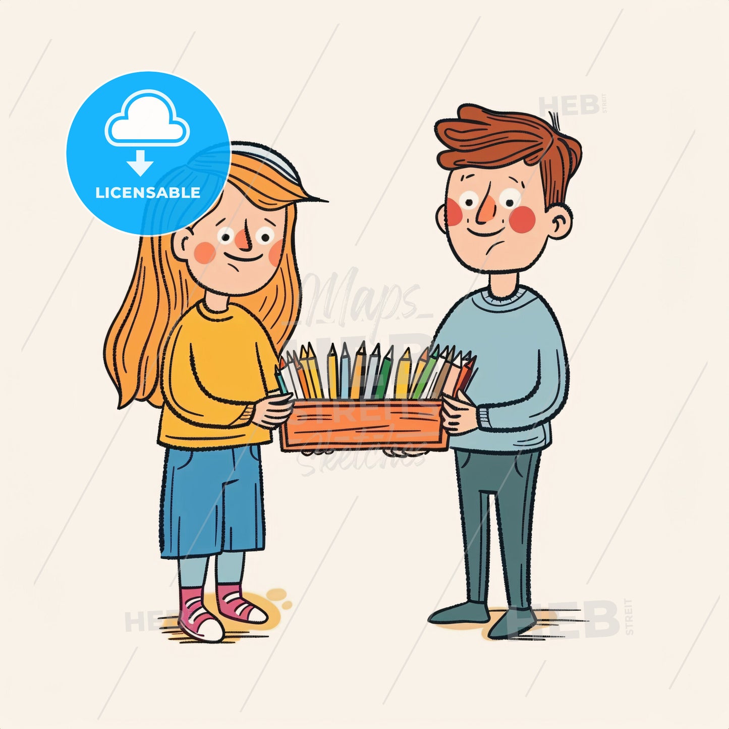A child holding a box of crayons - A cartoon of a boy and girl holding a box of colored pencils