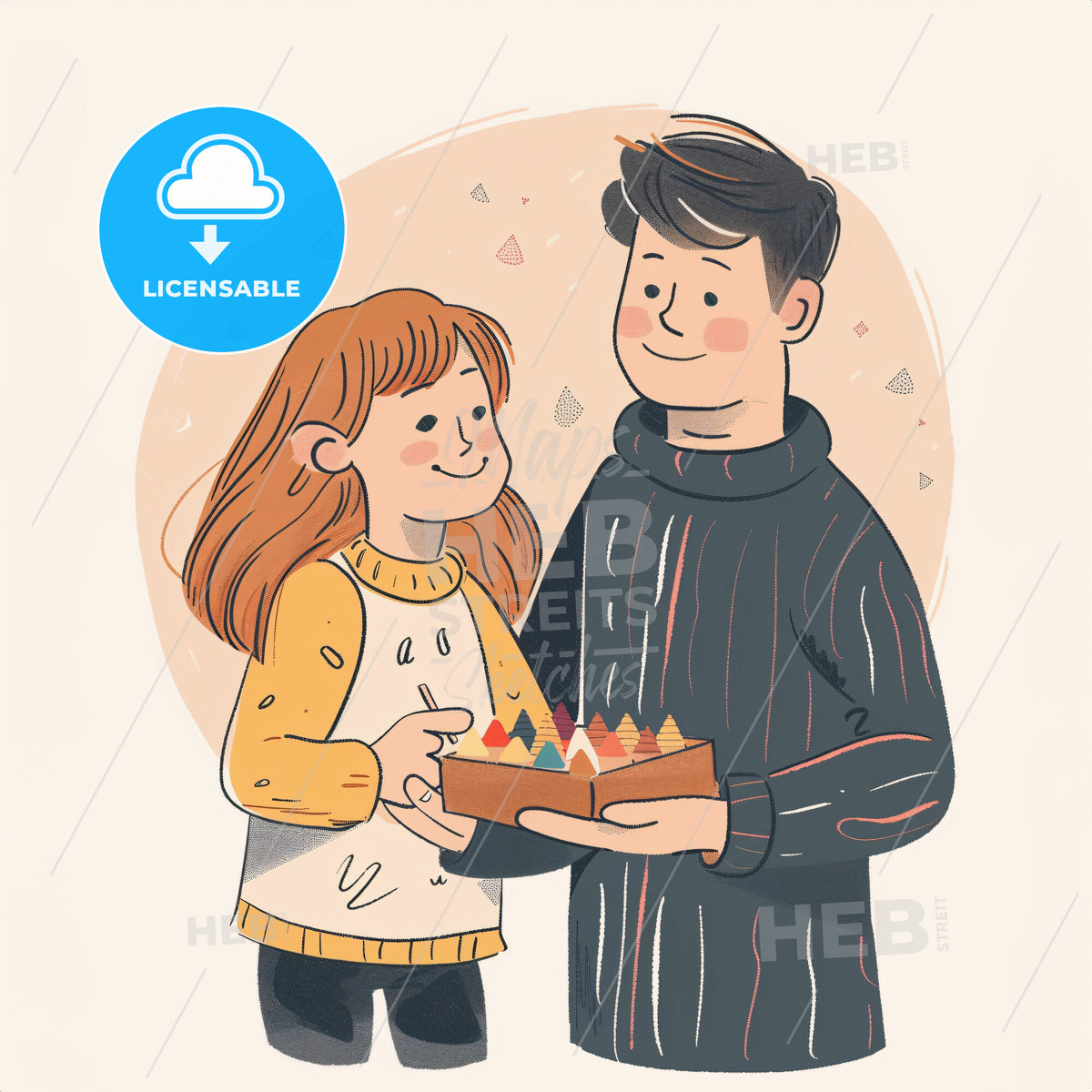 A child holding a box of crayons - A man and a girl holding a box of crayons