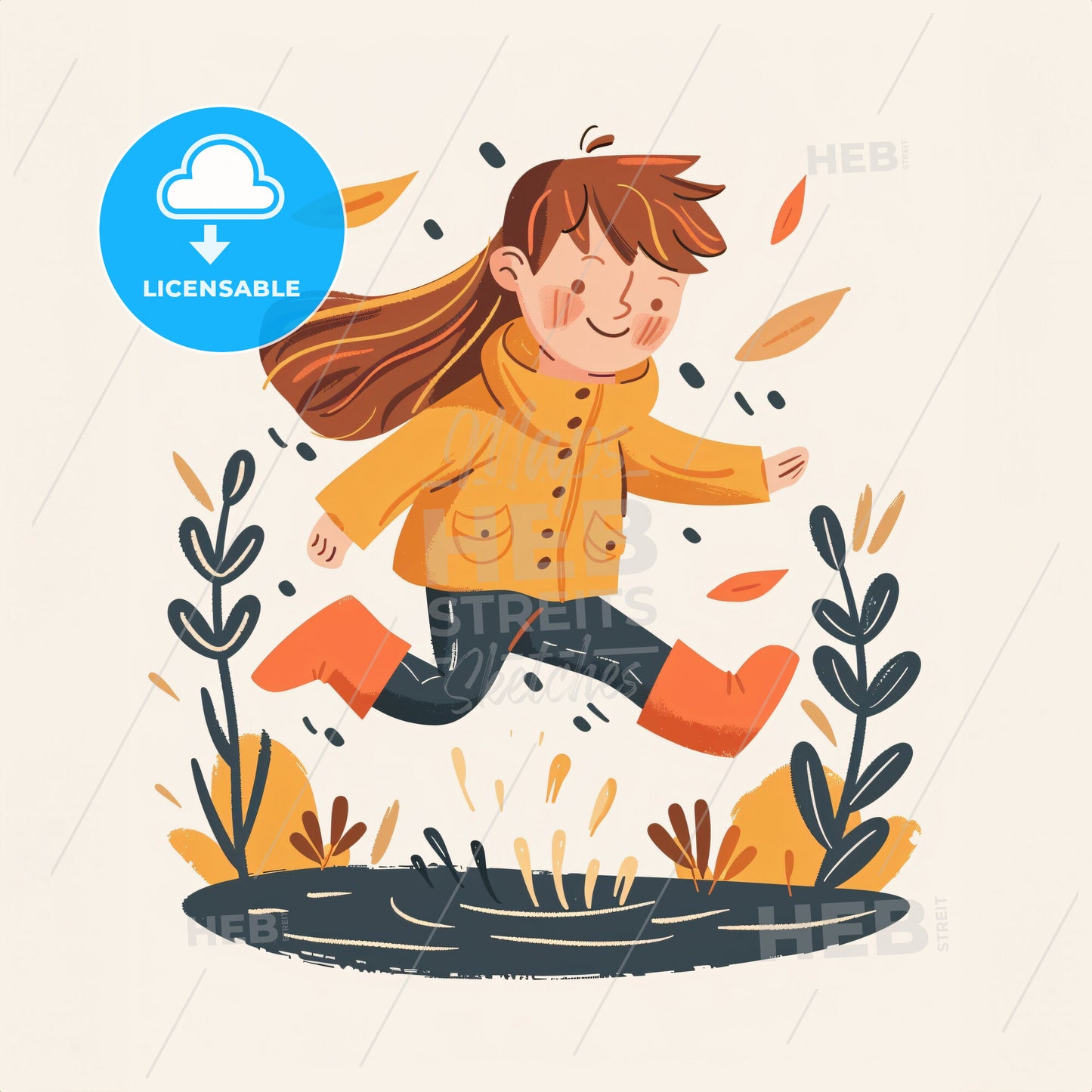 A Child Splashing In A Puddle In The Park - A Cartoon Of A Girl Jumping In A Puddle