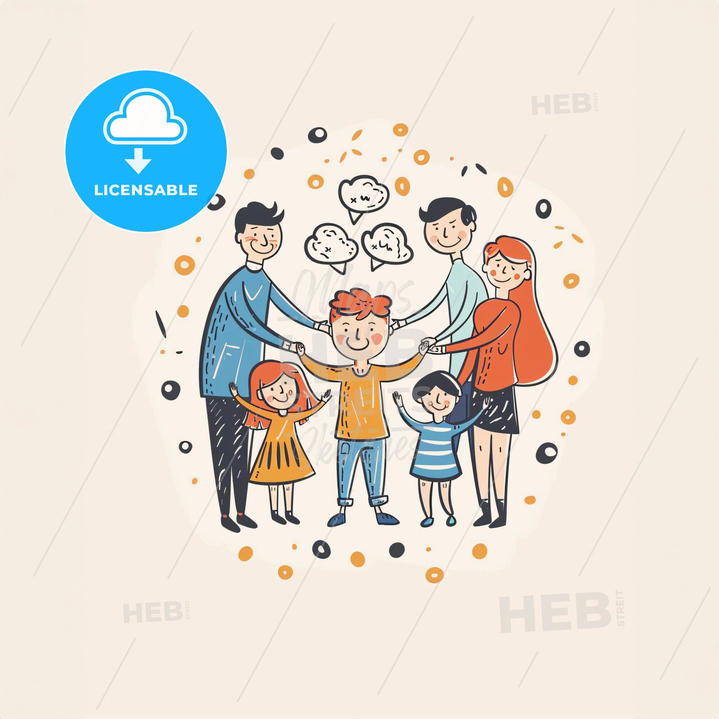 A child stands in the center of a circle formed by parents - A cartoon of a family
