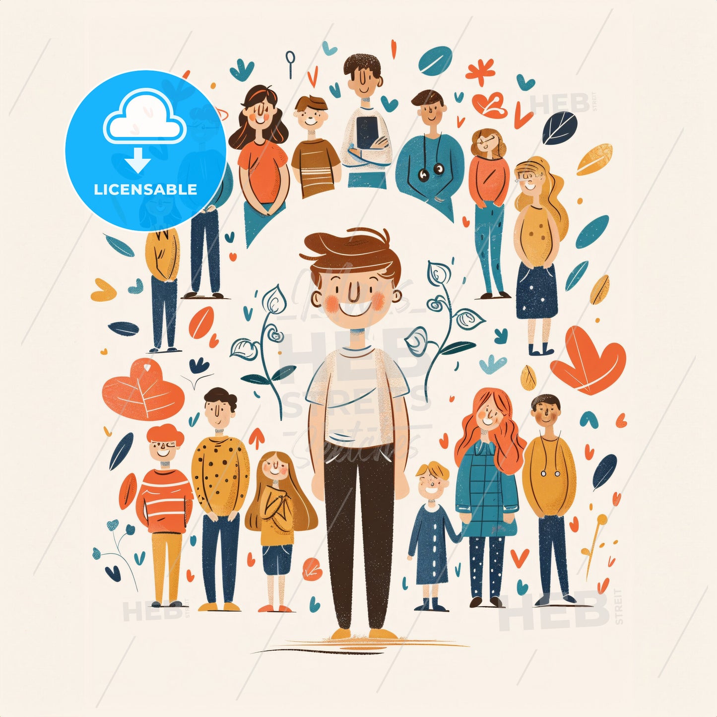 A child stands in the center of a circle formed by parents - A group of people around a boy
