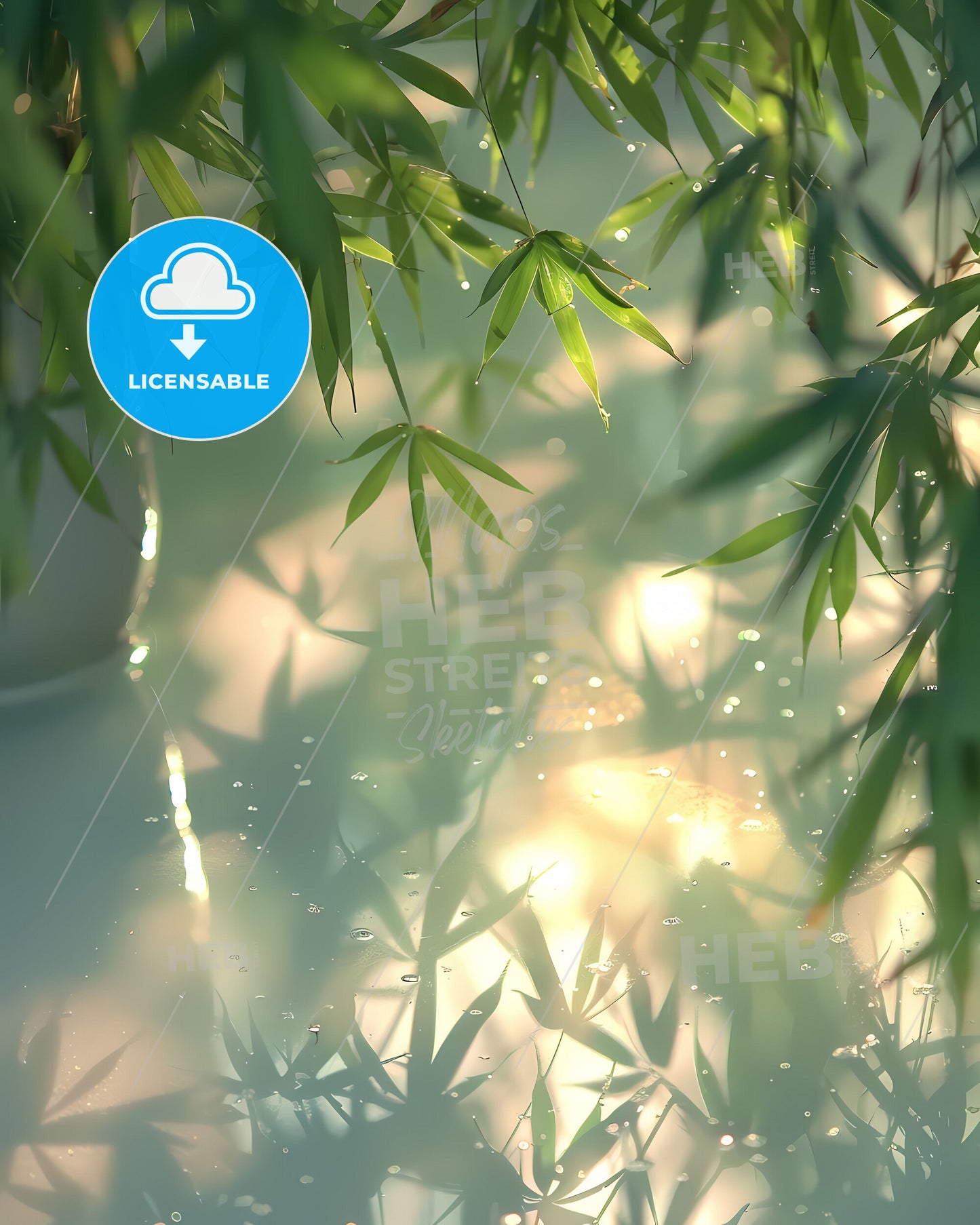 Ethereal Bamboo Leaf Shadows: Abstract Painting with Sunlight Patterns and Vibrant Art Focus