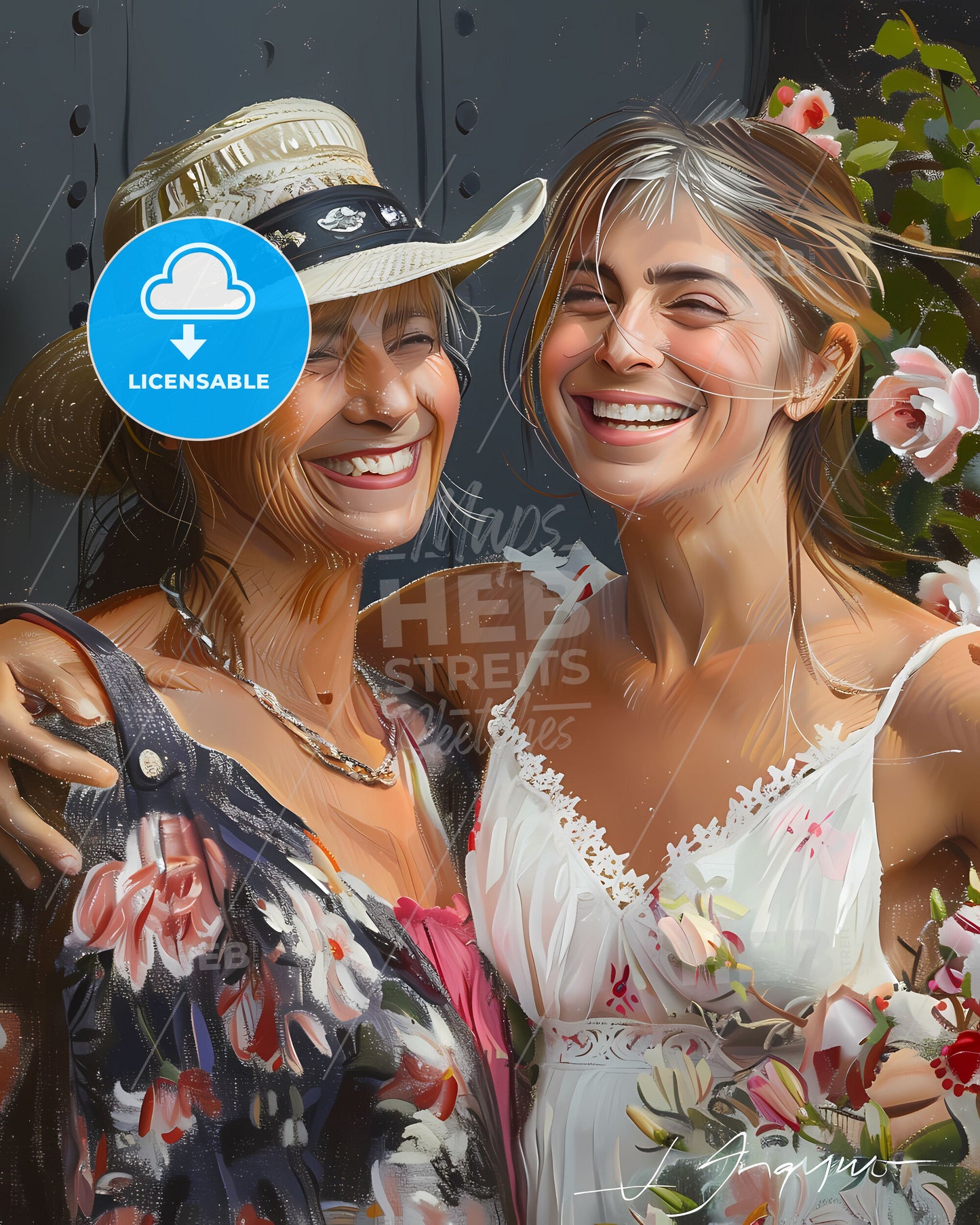 Vibrant Artistic Portrait: Cheerful Adult Woman Laughing with Her Adorable Mother in a Lively and Engaging Painting.