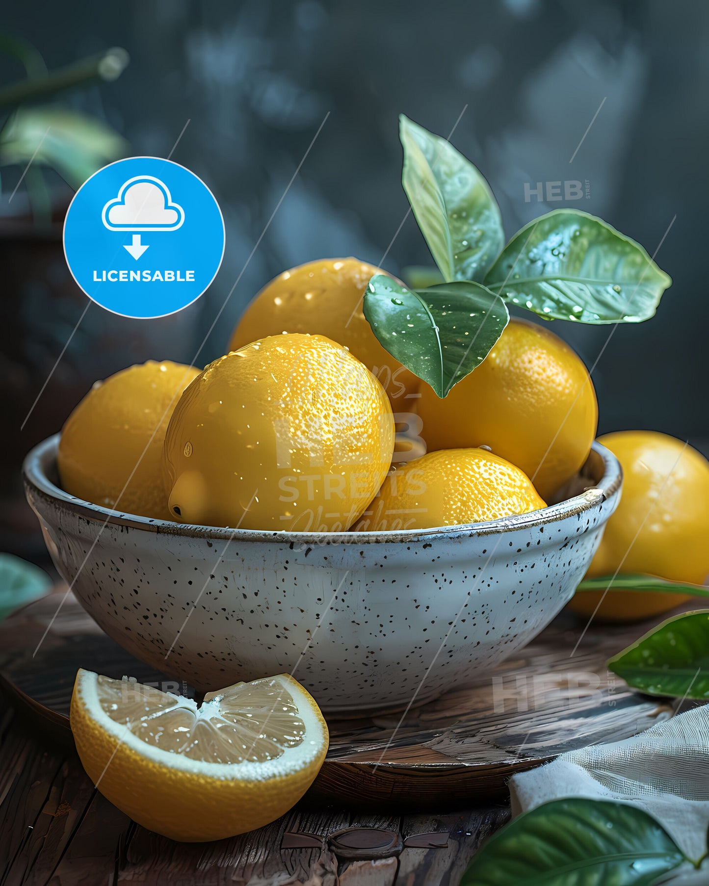 Atmospheric bowl of lemons painting, dark mood, vibrant, impressionistic, art