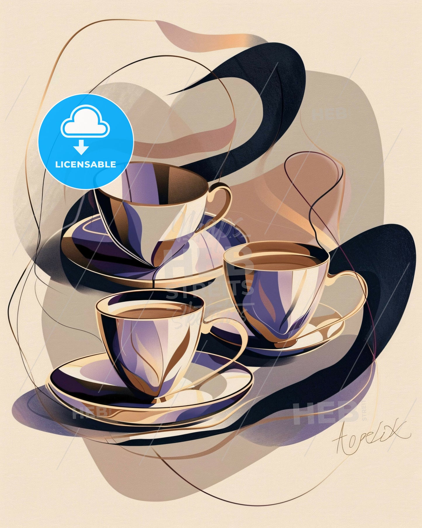 Minimalist Japanese Tea Set Line Art - A group of tea cups and saucers