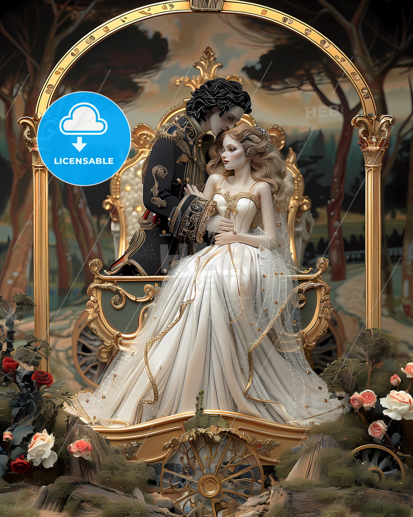 Luxurious Carriage with Gold Accents, Couple in Formal Attire, Surrounded by Blooming Flowers, Symbolic Landscape & Vibrant Artwork