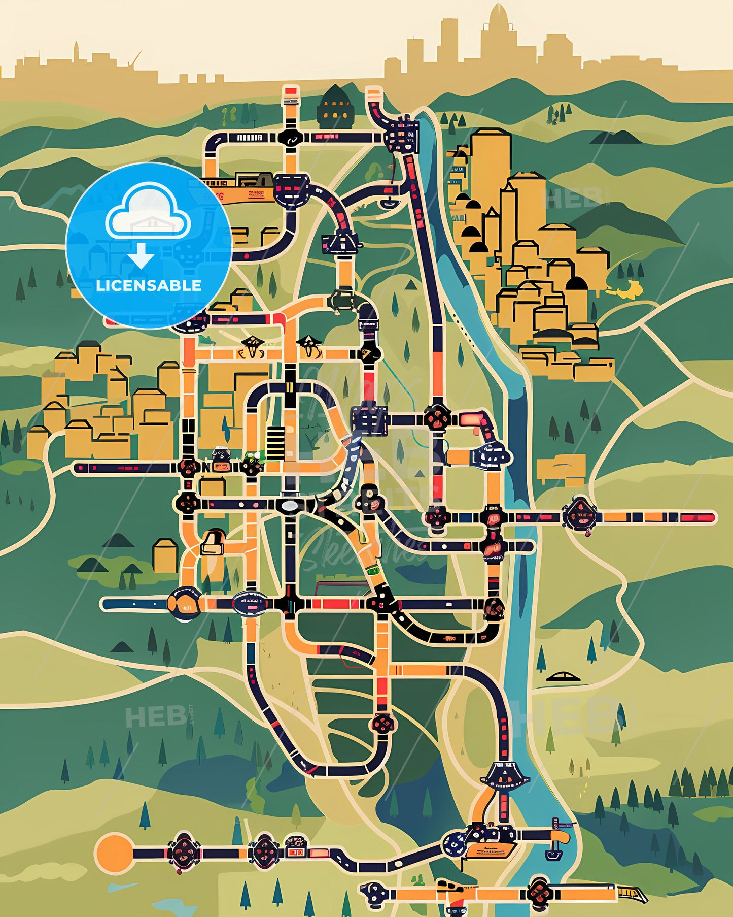 Artistic City Gas Pipeline Map: Abstract Watercolor Painting with Technical Elements Showcasing Urban Gas Infrastructure