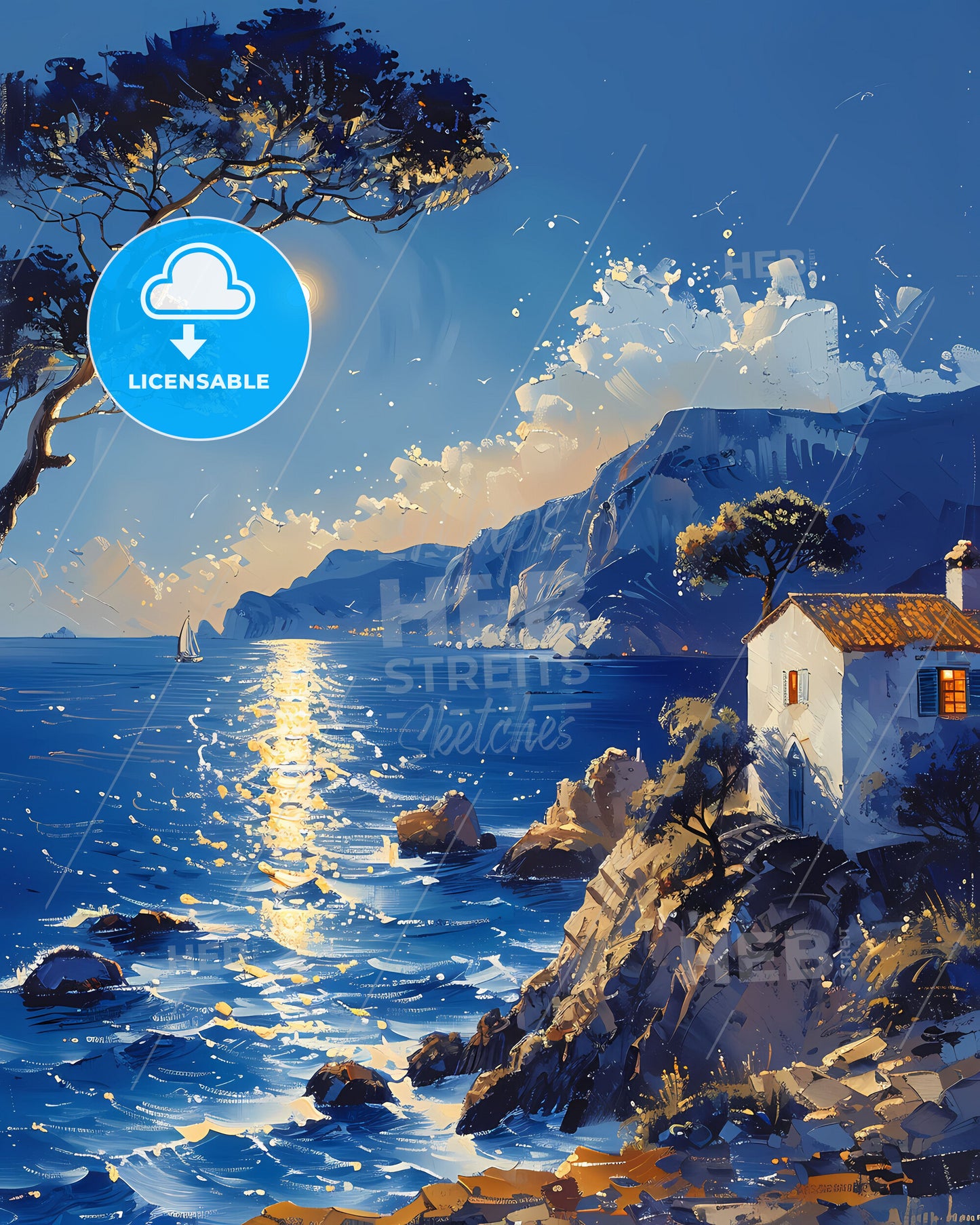 Mediterranean seascape pointillism artwork: vibrant house on rocky shore with tree and shimmering waves