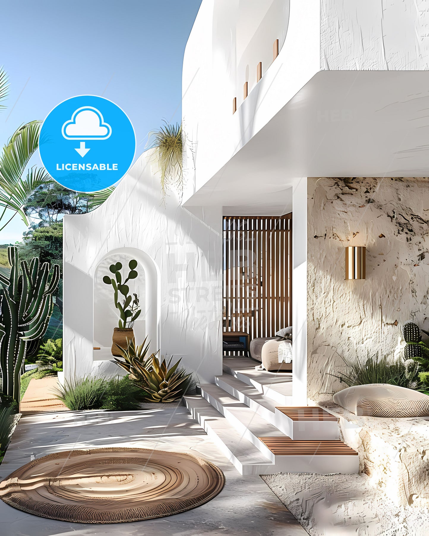 Modern Mediterranean-style villa with white walls, light wood accents, wooden outdoor rug, gold wall sconce, cacti, lush green landscape, vibrant art – Australian beachside mansion entrance.