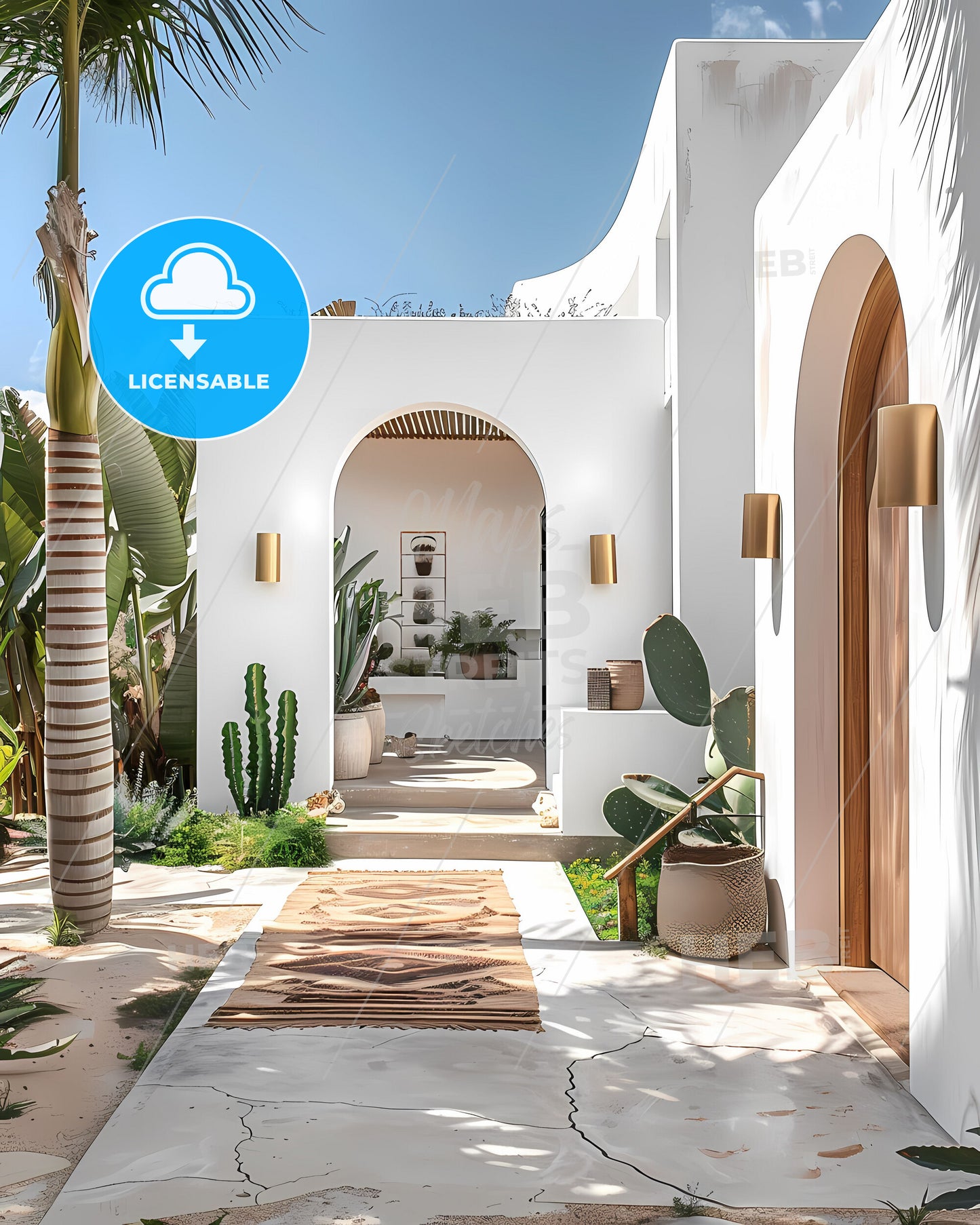 Modern Mediterranean-style villa with white walls, light wood accents, wooden outdoor rug, gold wall sconce, cacti, lush green landscape