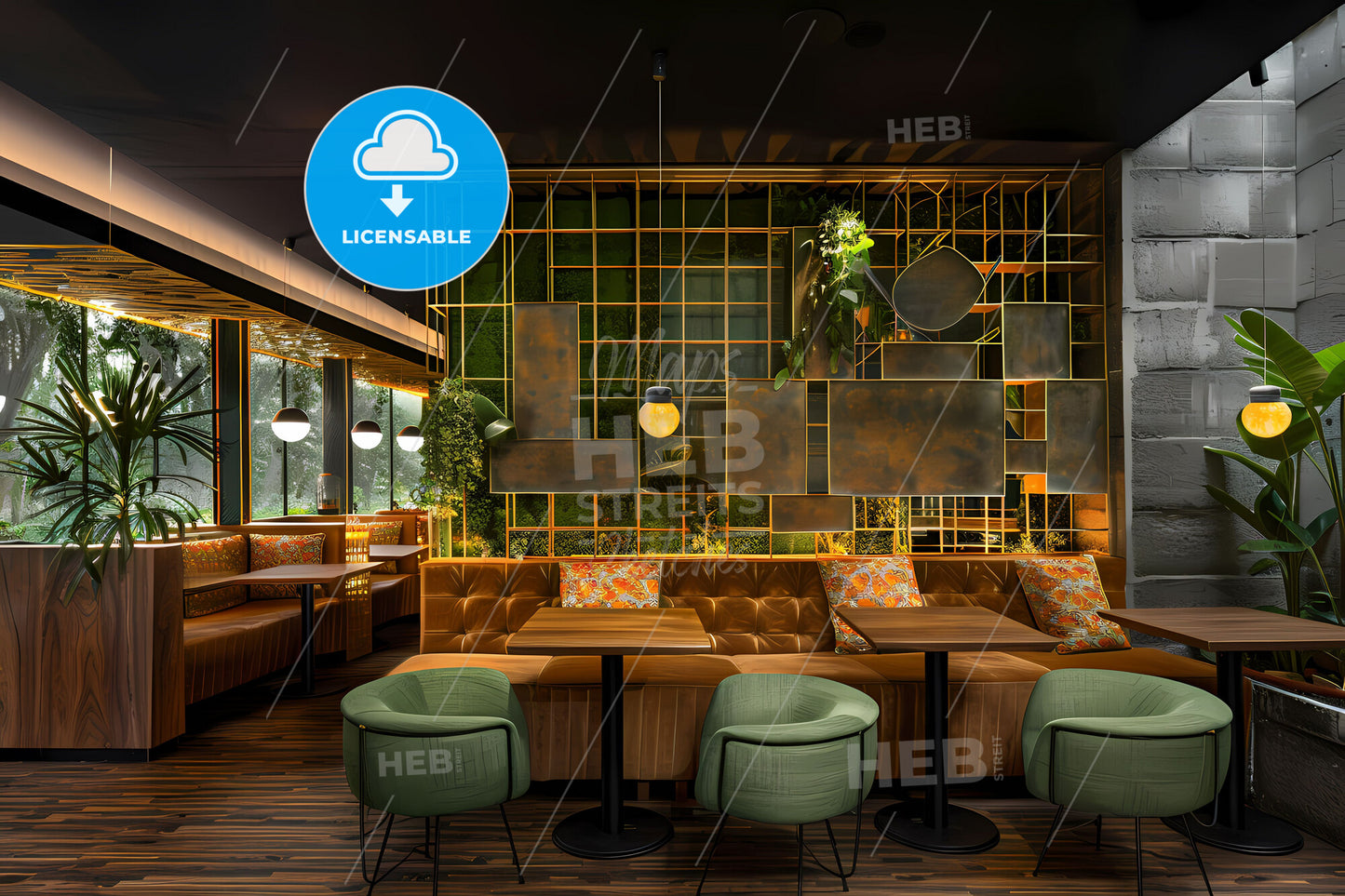 Modern restaurant interior with premium materials, golden metal grid, round green bench, tables, chairs and vibrant painting focus on art aspect