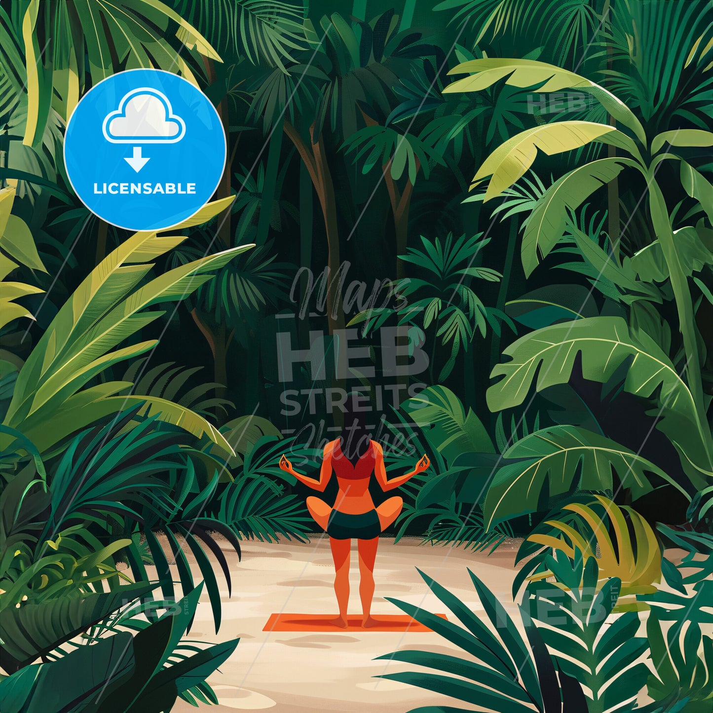 A Painting Of A Woman Doing Yoga In The Middle Of A Tropical And Dense Garde - A Woman Meditating In The Jungle