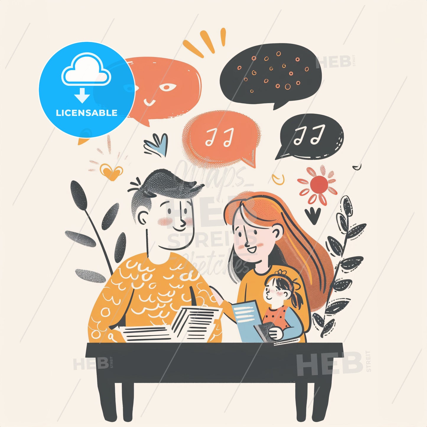 A parent and a teacher have a conversation at a school desk - A man and woman sitting at a table with a baby