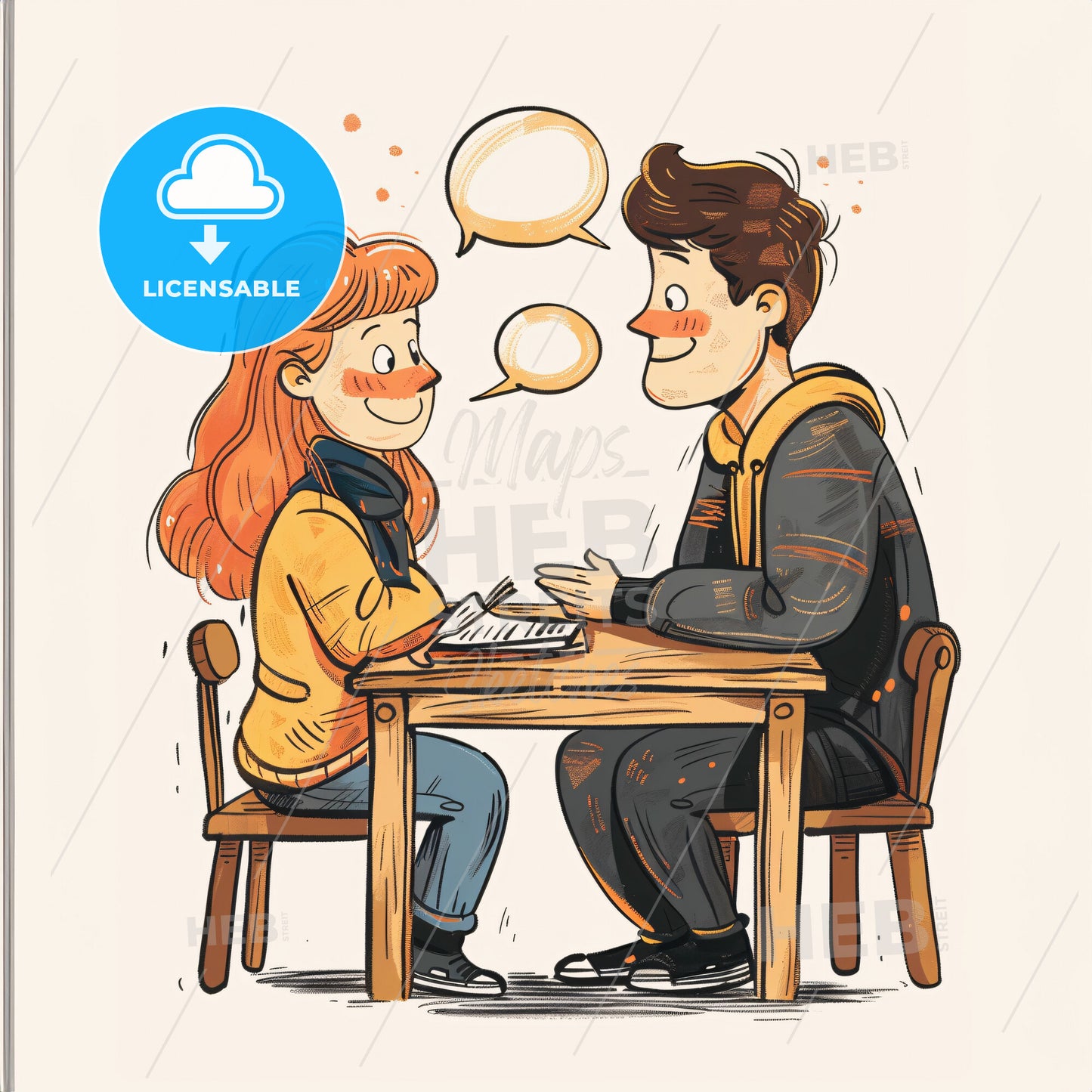 A parent and a teacher have a conversation at a school desk - A cartoon of a boy and girl sitting at a table