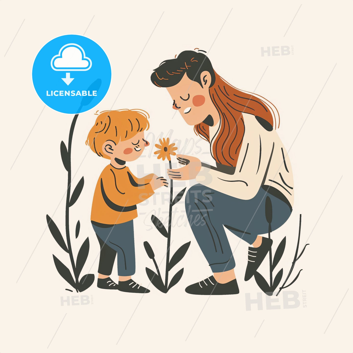 A parent and child kneel on the grass - A woman and child holding a flower