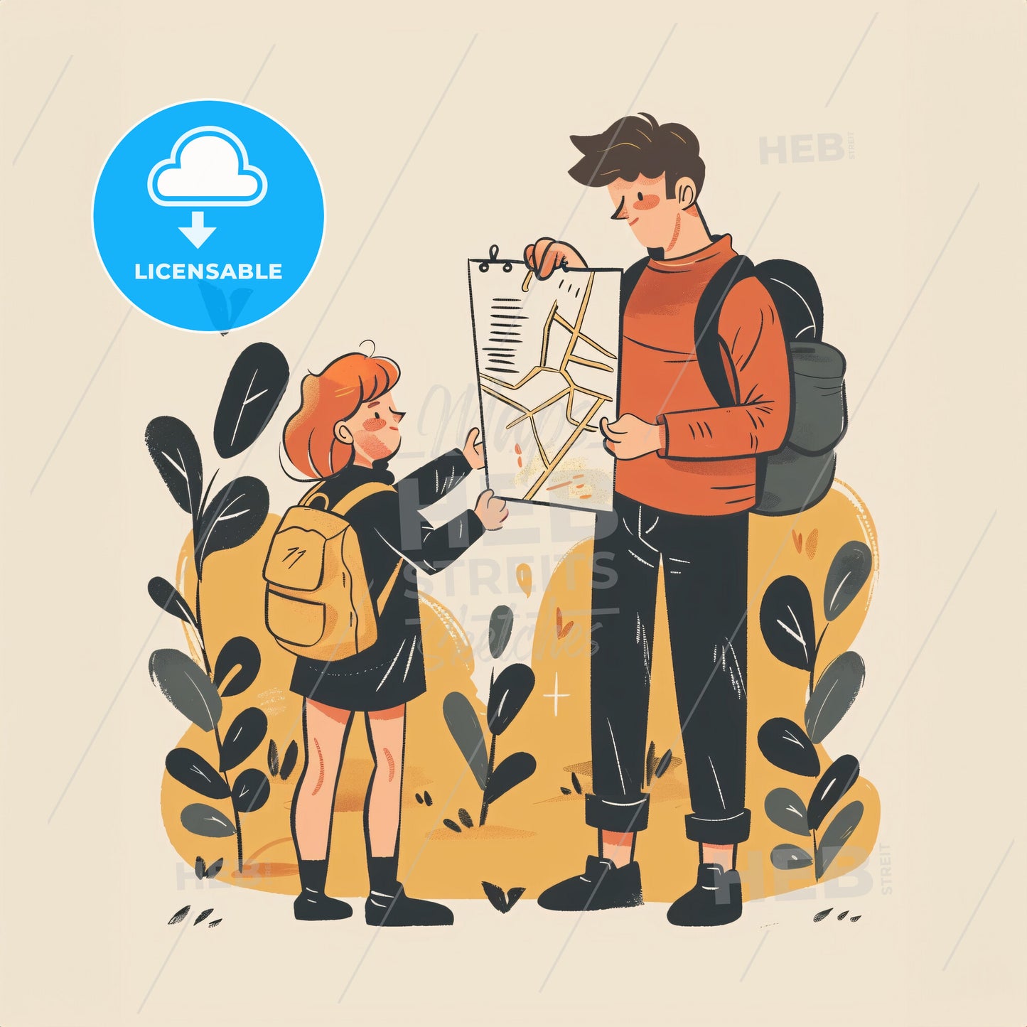 A parent and child looking at a map together - A man and a girl looking at a map