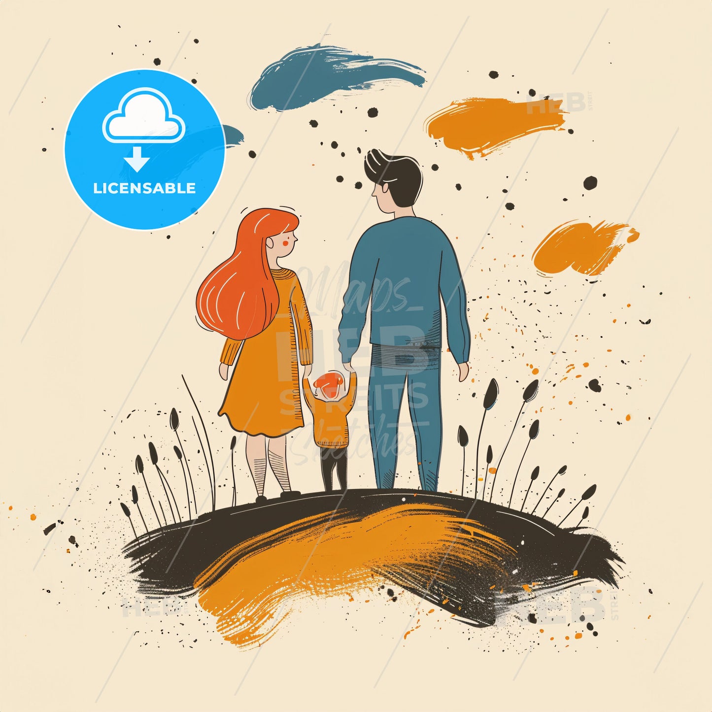 A parent and child stand on opposite sides of a bridge - A man and woman standing on a hill with a cat