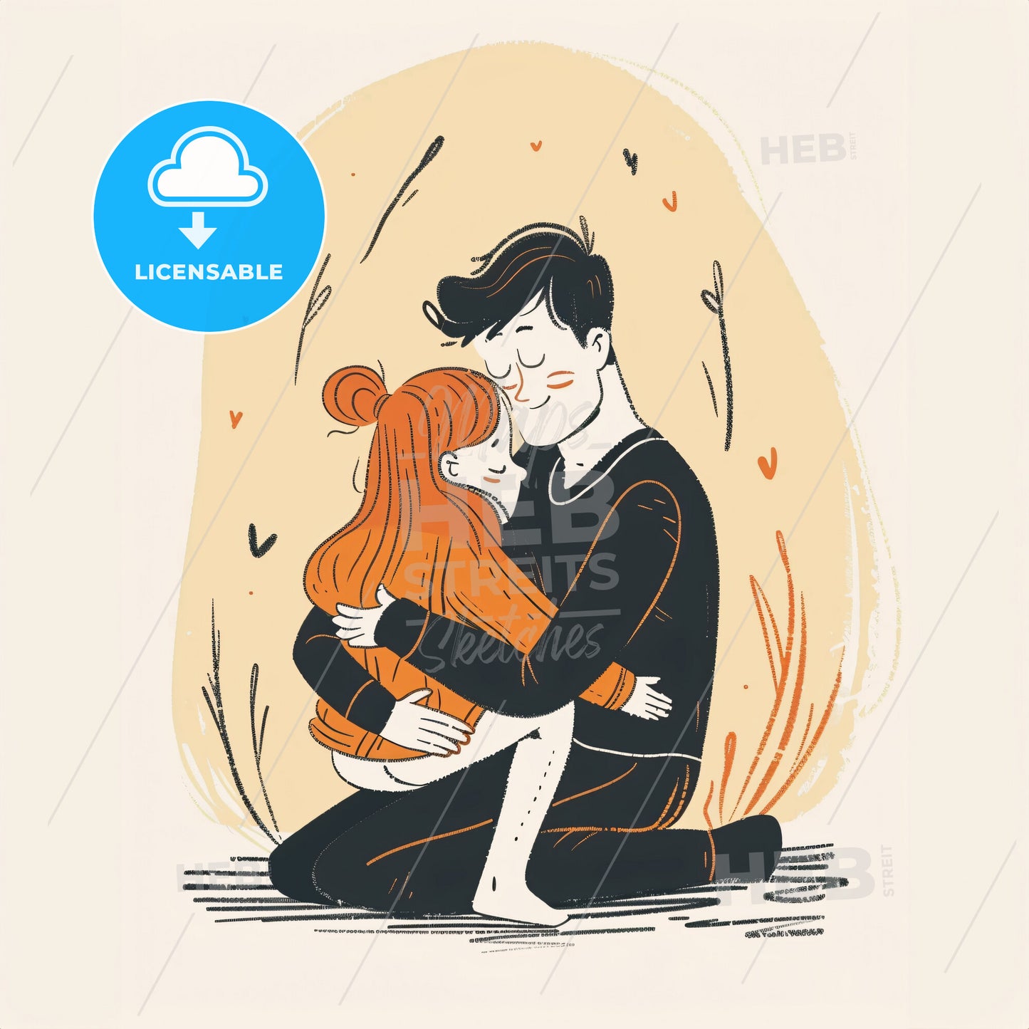 A parent kneels on the floor and offers a hug to a crying child - A man and a girl hugging