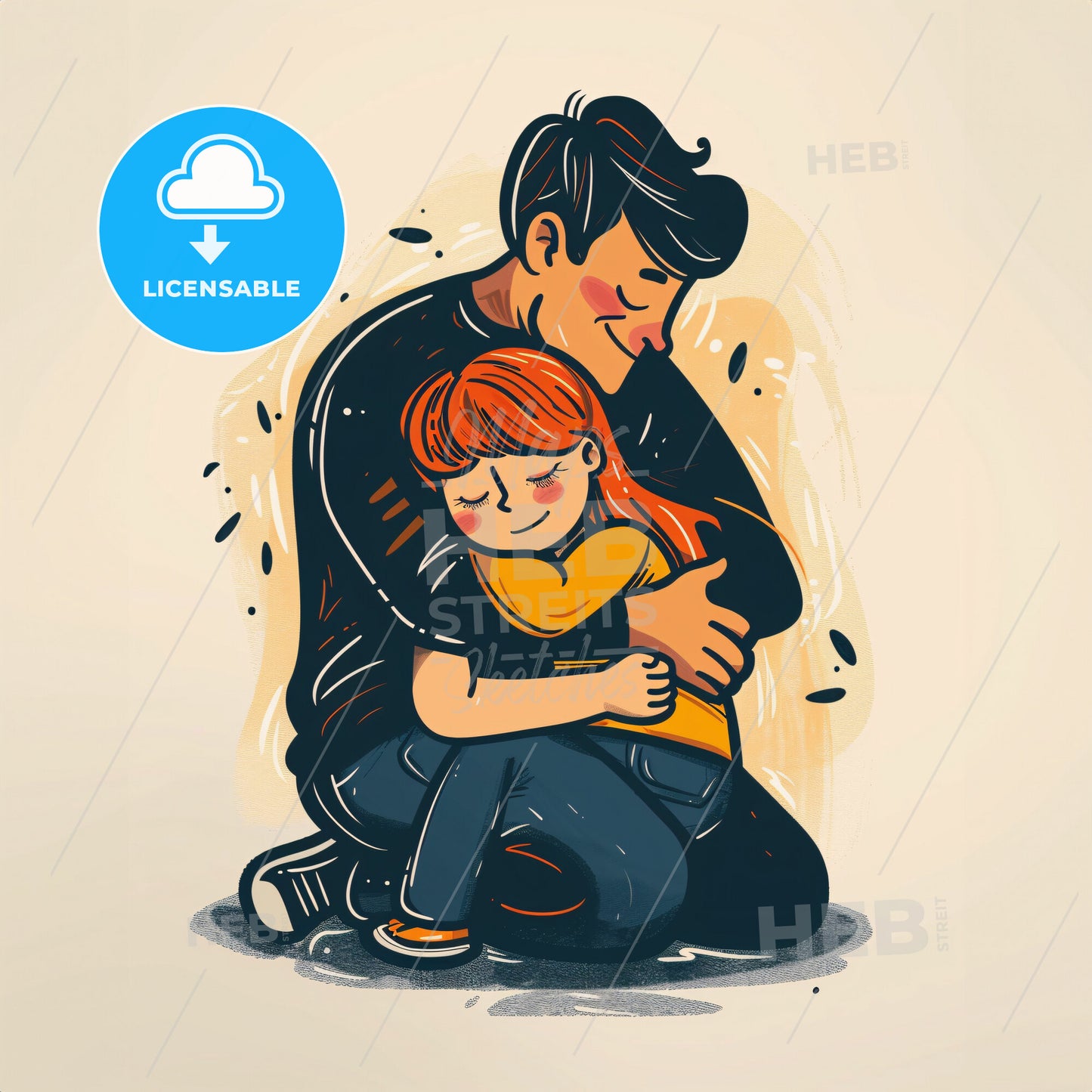 A parent kneels on the floor and offers a hug to a crying child - A man and a girl hugging