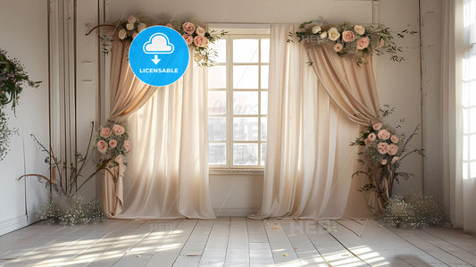 Elegant Wedding Backdrop Painting With Curtains And Flowers Wall Art Room Decor Floral Art Artistic Print