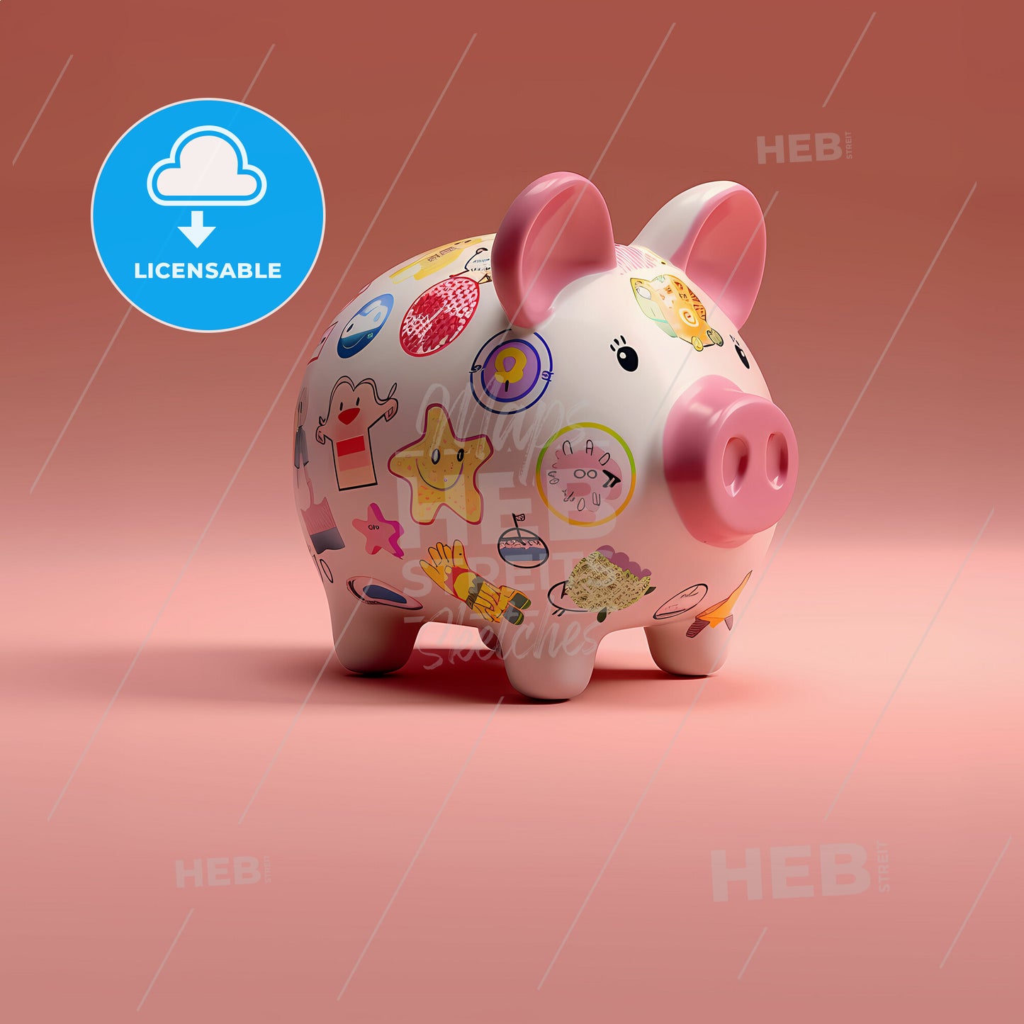 a piggy bank with stickers on it - A piggy bank with stickers on it