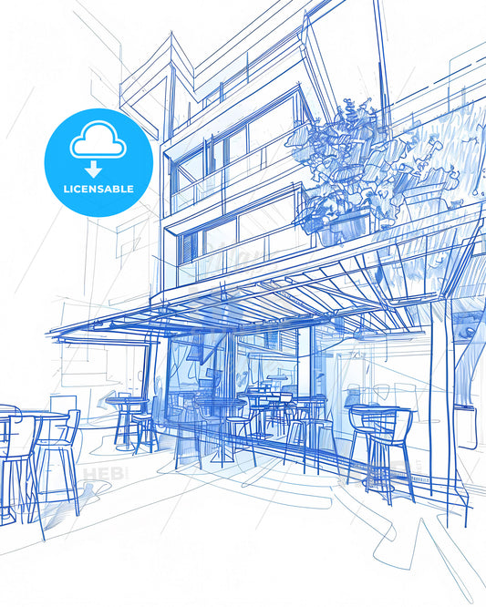 Blue-Lined Cafe Sketch: Panoramic Drawing with Clean Lines and Editorial Flair