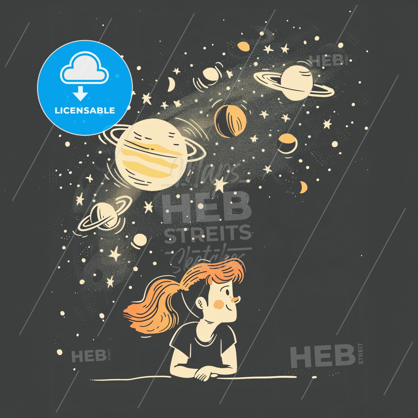 A small child looks up at a vast starry sky - A cartoon of a girl looking at planets