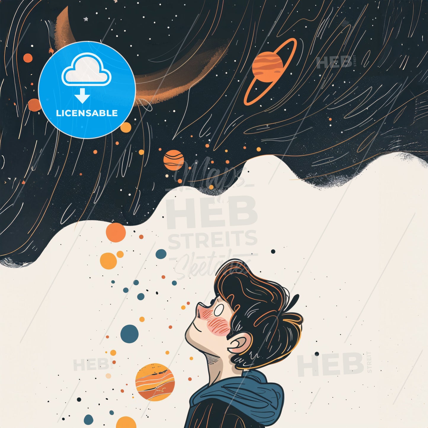 A small child looks up at a vast starry sky - A cartoon of a boy looking up at the stars