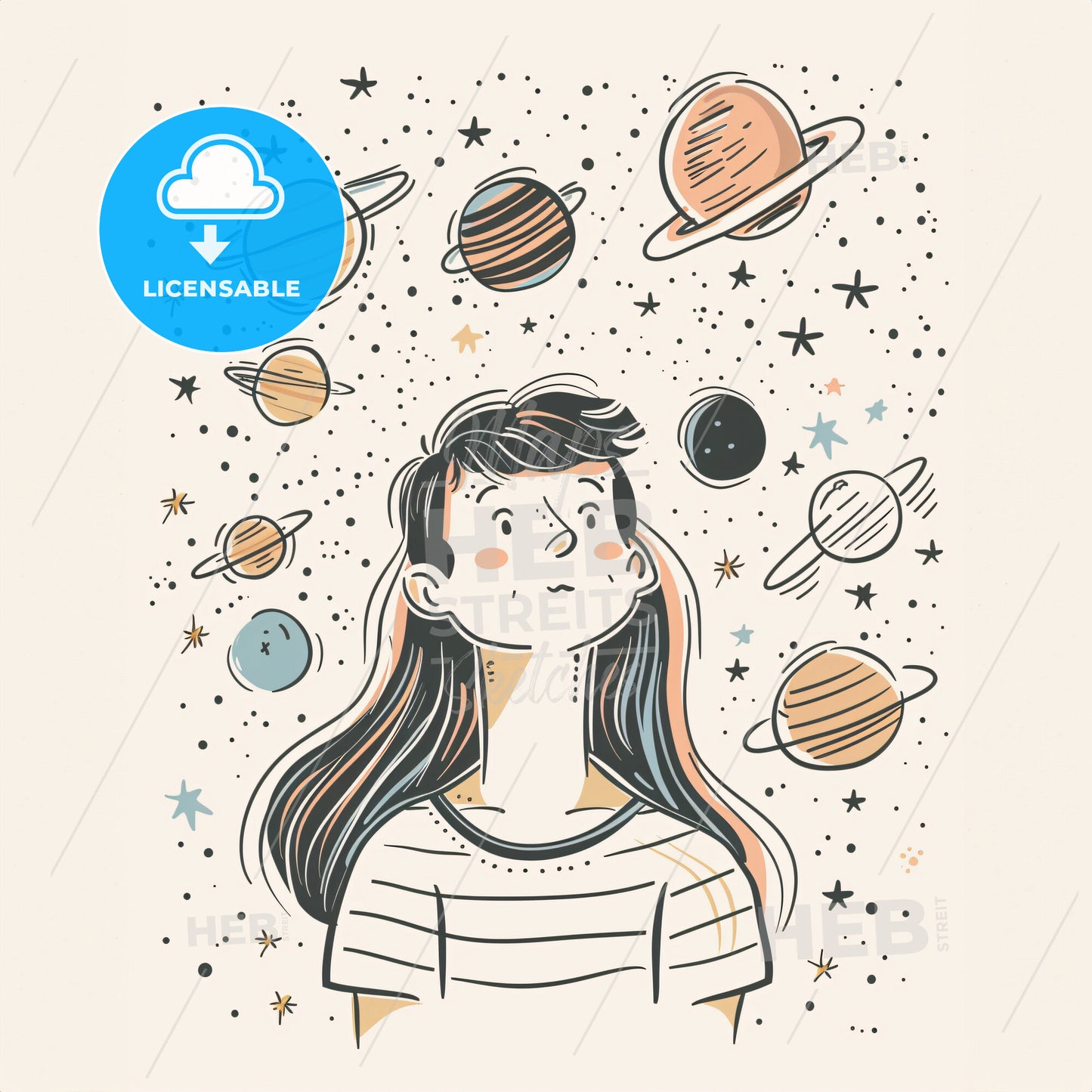 A small child looks up at a vast starry sky - A cartoon of a girl with planets around her