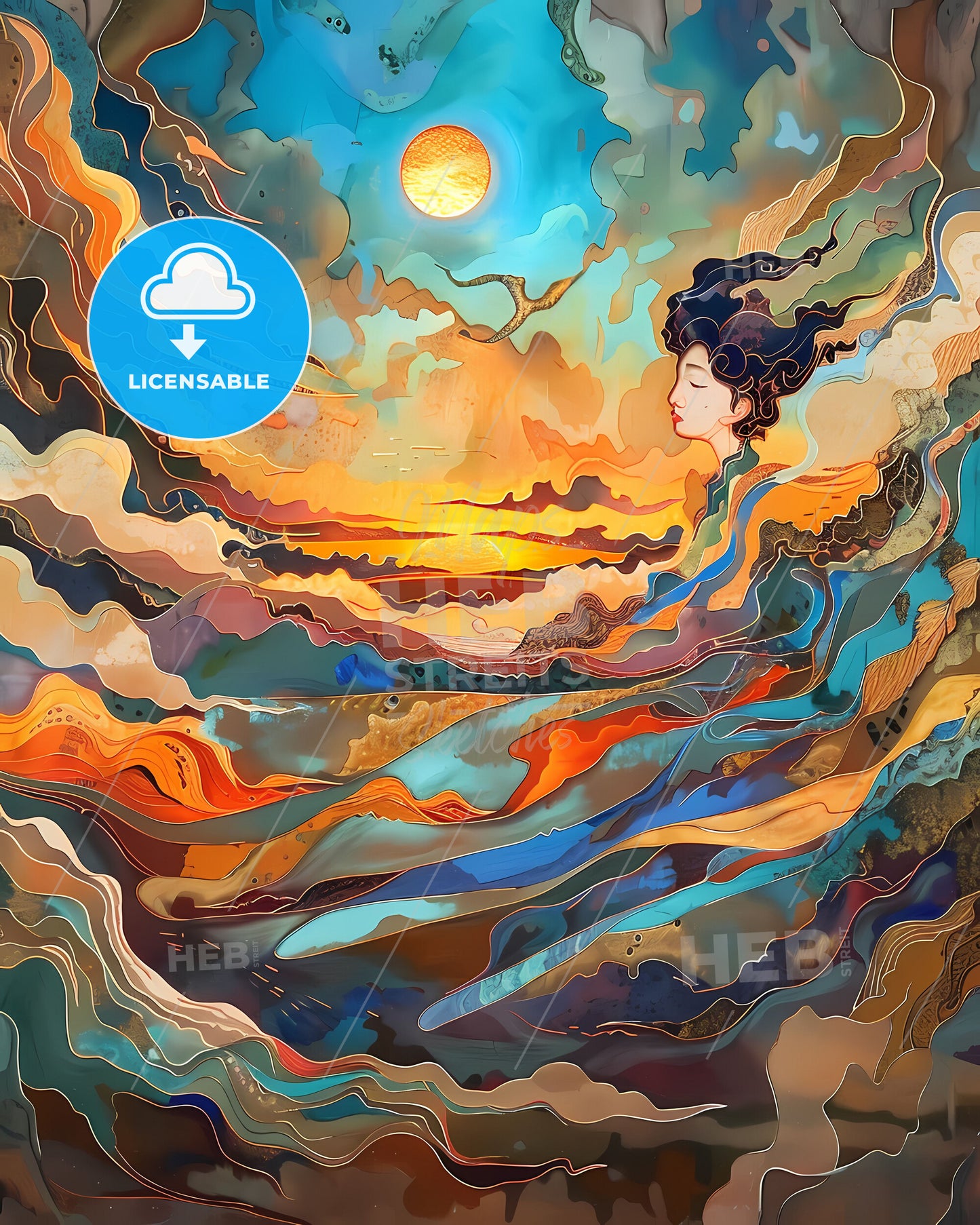 Vibrant Outsider Art Painting: Woman in Dress with Sun Rising in Unconventional Style