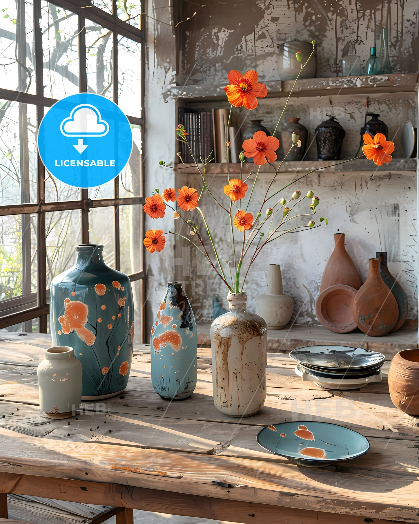 Abstract Oil Painting on Canvas Featuring Vibrant Vases and Flowers on Table with Artistic Focus