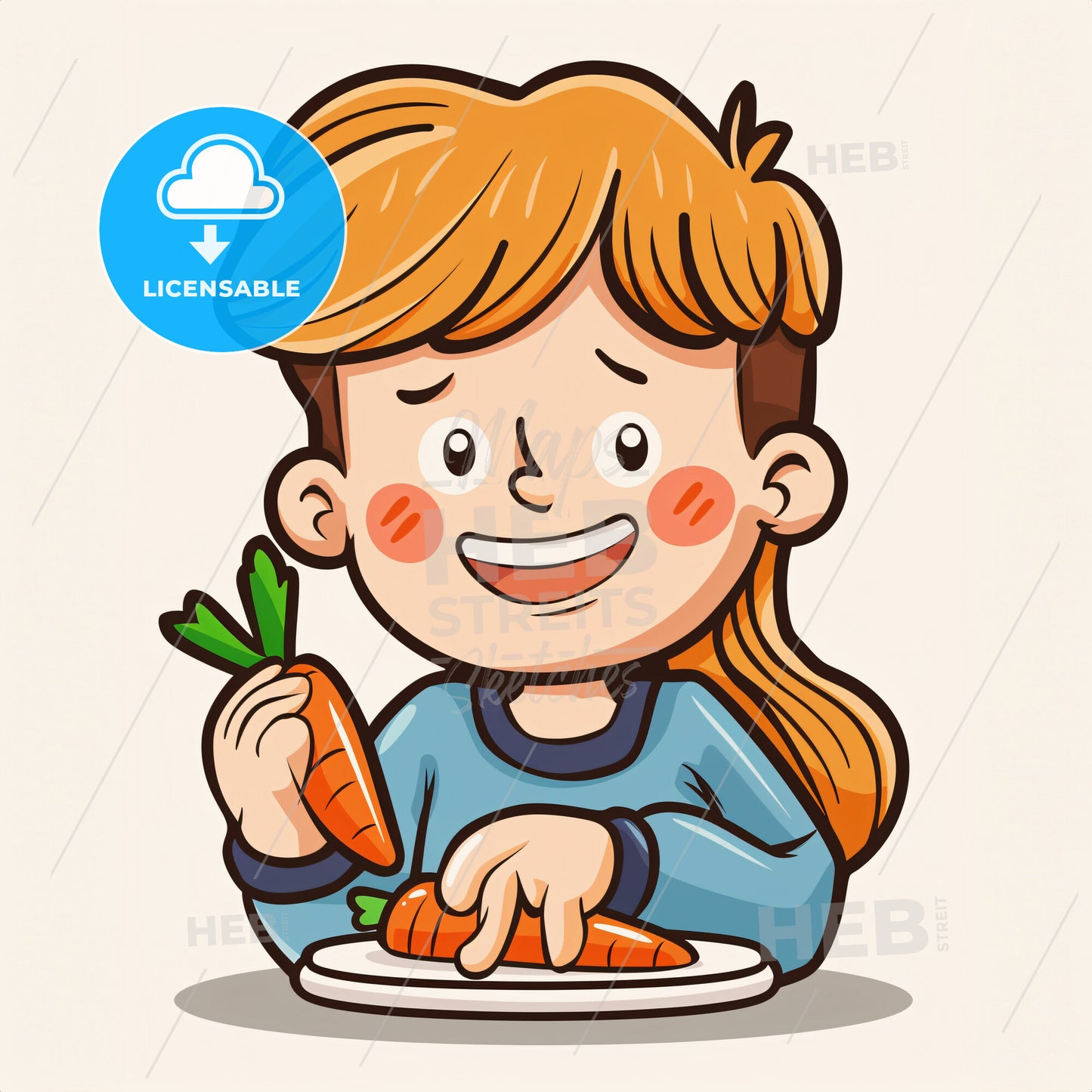 a toddler at his eating place eats carrots - A cartoon of a girl holding a carrot