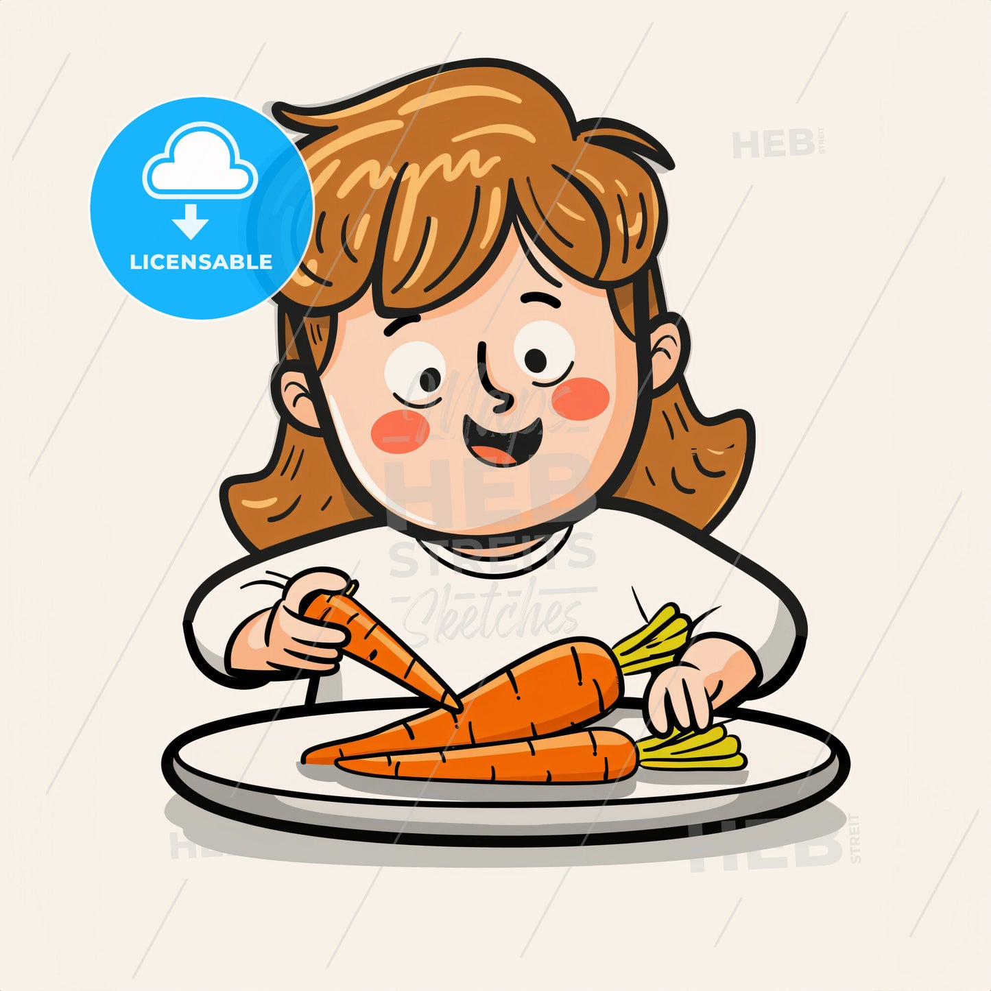 a toddler at his eating place eats carrots - A cartoon of a girl eating carrots