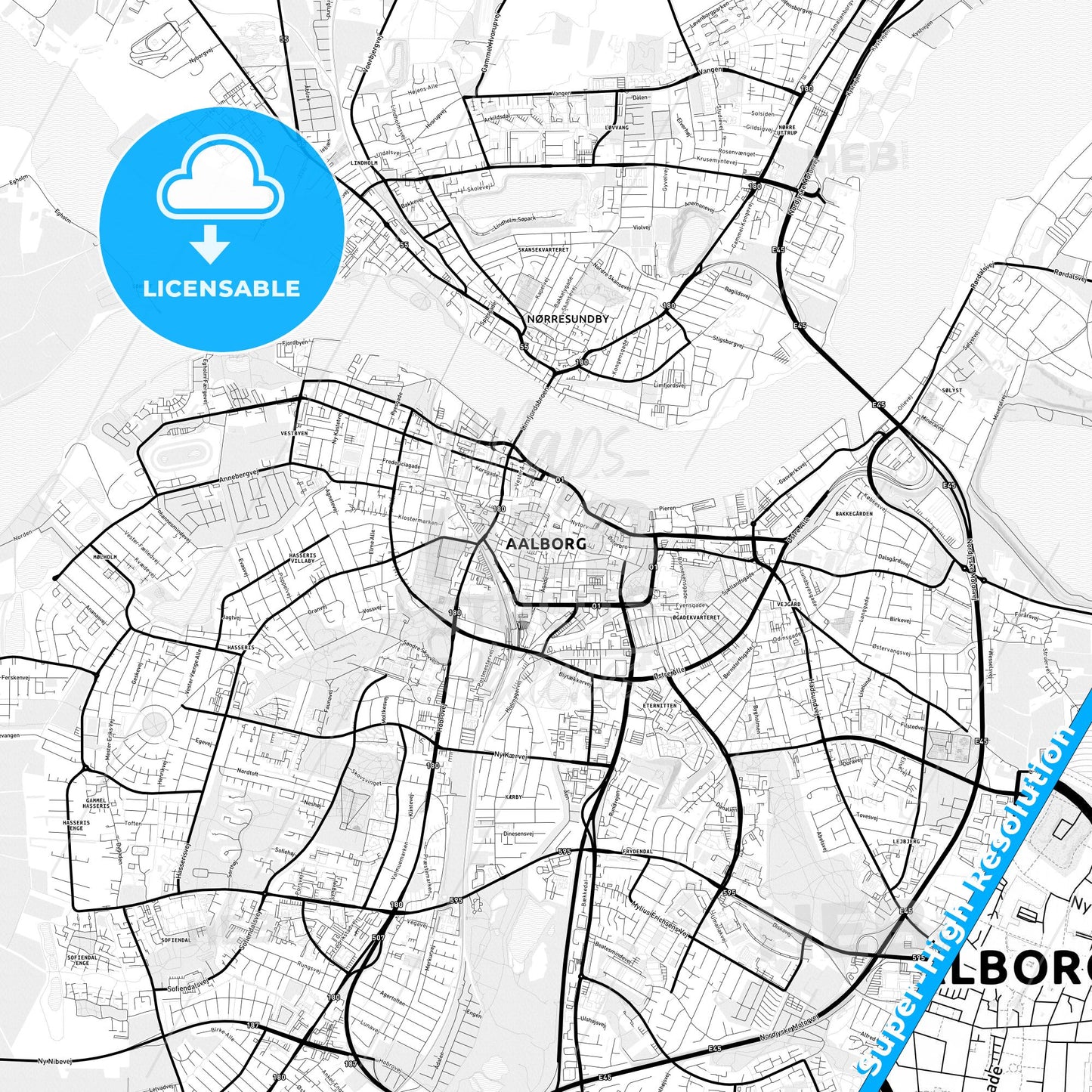 Aalborg, Denmark Light Map with Street Names, City Names, and Districts