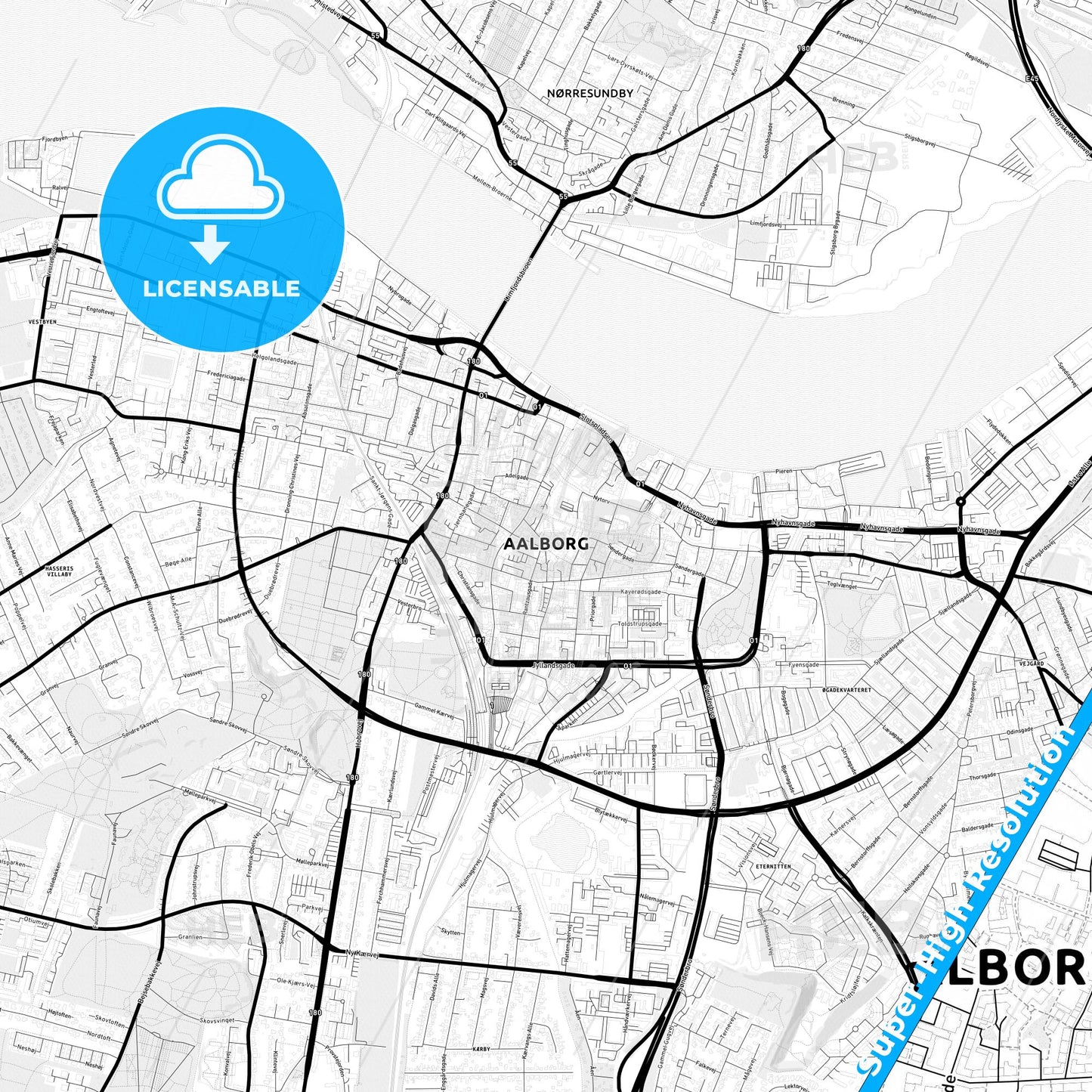Aalborg, Denmark Light Map with Street Names, City Names, and Districts