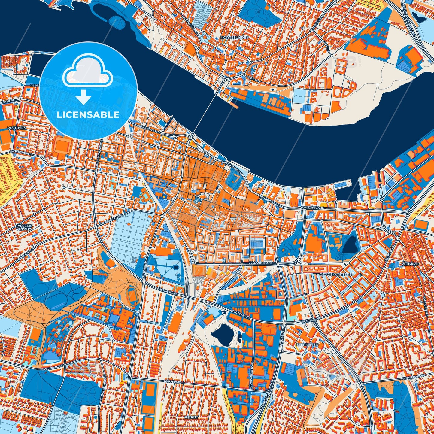 Colorful Aalborg Street Map with Labels and Buildings