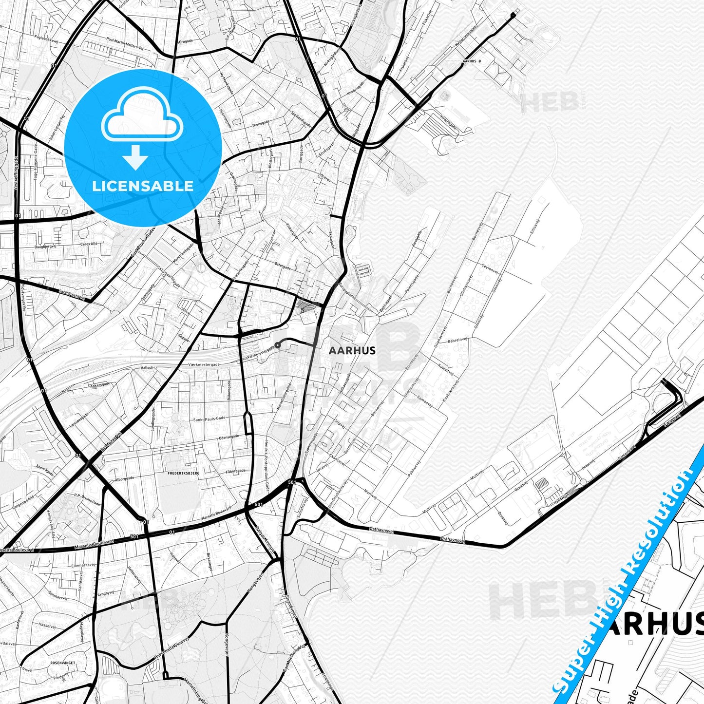 Aarhus, Denmark Light Map with Street Names, City Names, and Districts