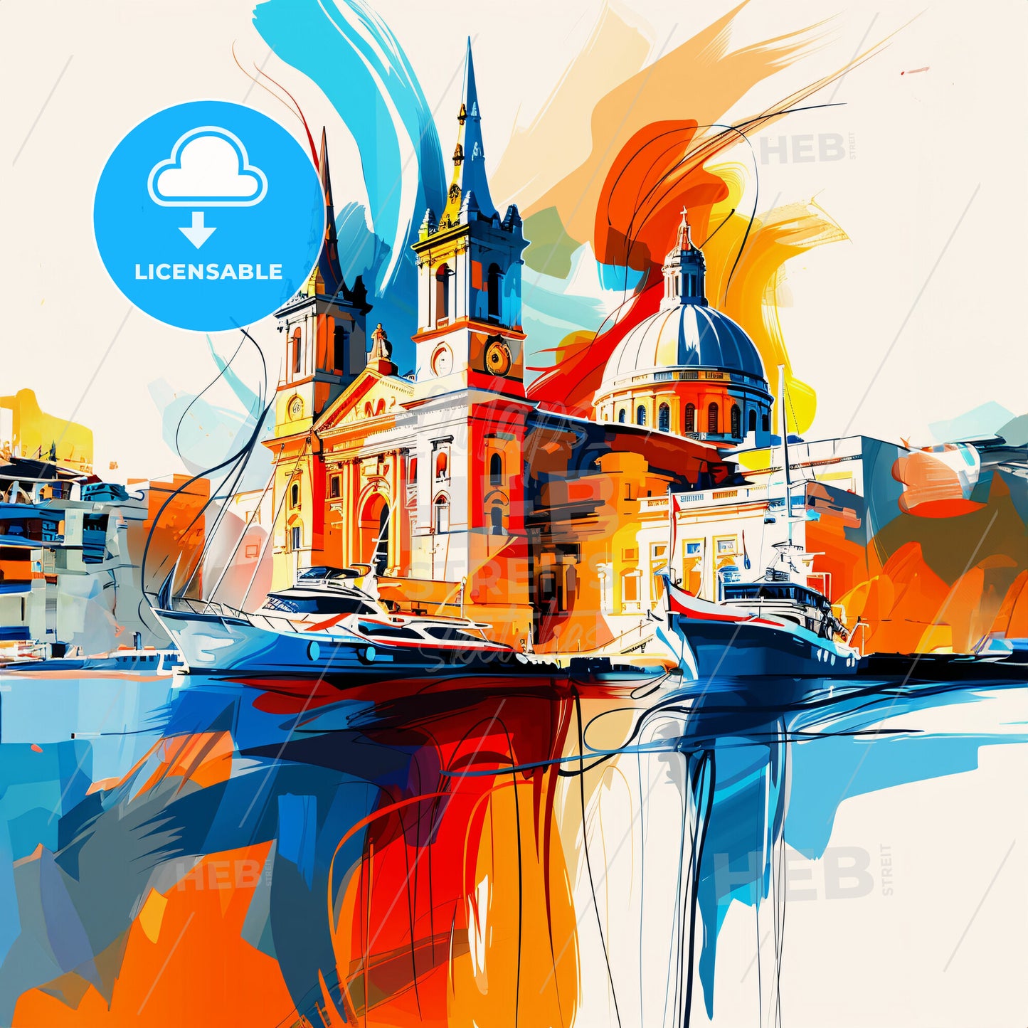 Vibrant Żabbar, Malta - A Colorful Painting Of A Building With A Dome And Boats