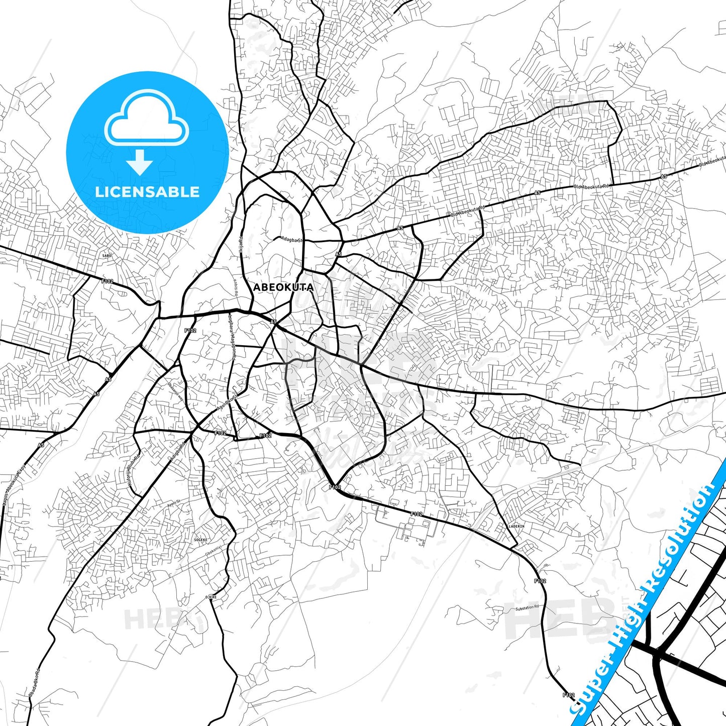 Abeokuta, Nigeria Light Map with Street Names, City Names, and Districts