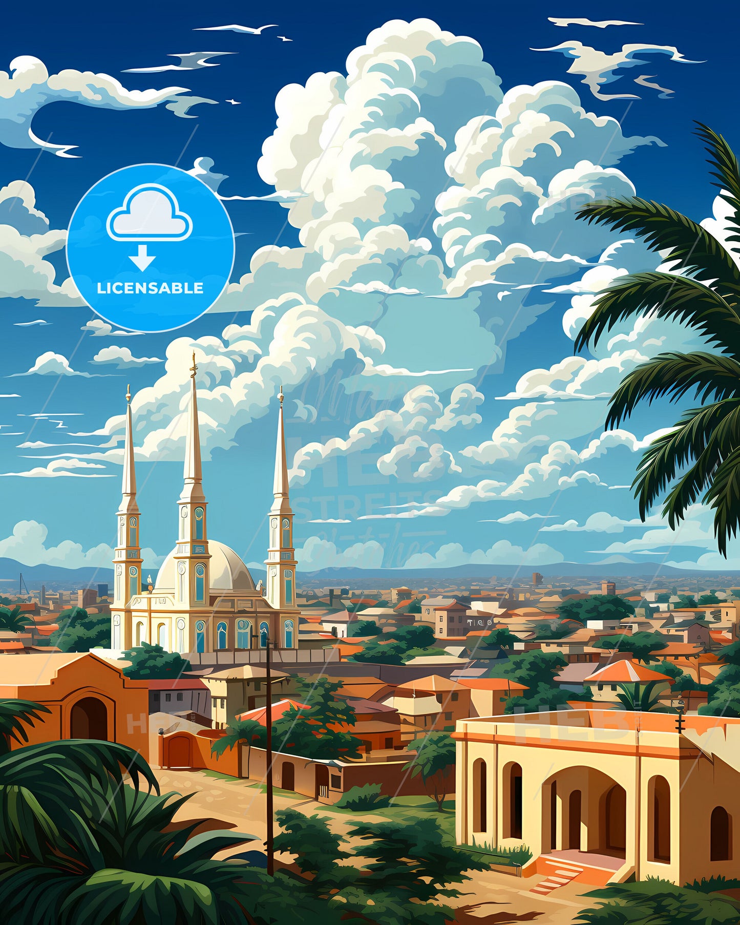 Vibrant Cityscape Painting of Abeokuta Nigeria Skyline with Buildings and Palm Trees