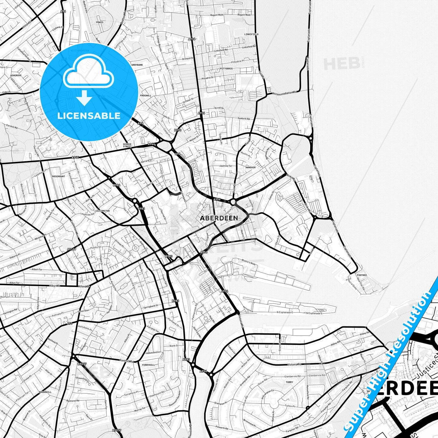 Aberdeen, Scotland Light Map with Street Names, City Names, and Districts