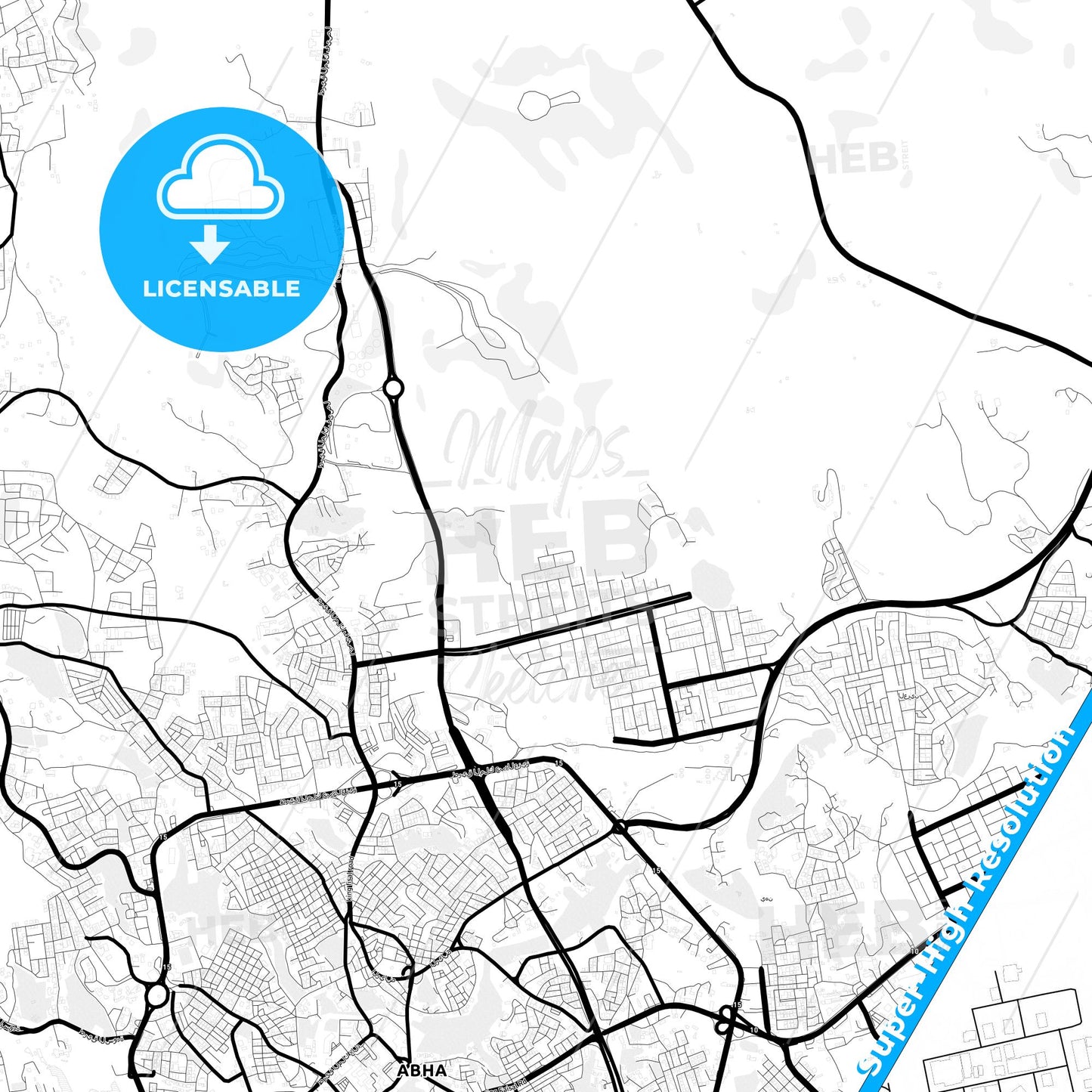 Abha, Saudi Arabia Light Map with Street Names, City Names, and Districts
