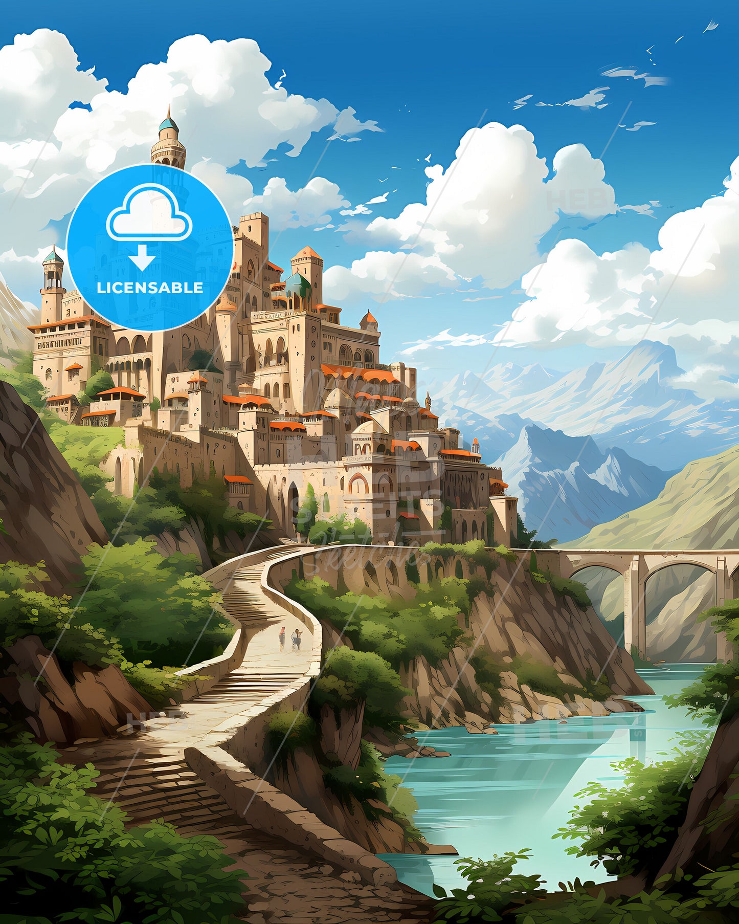 Middle Eastern Skyline - Painted Art Castle Hill Bridge River