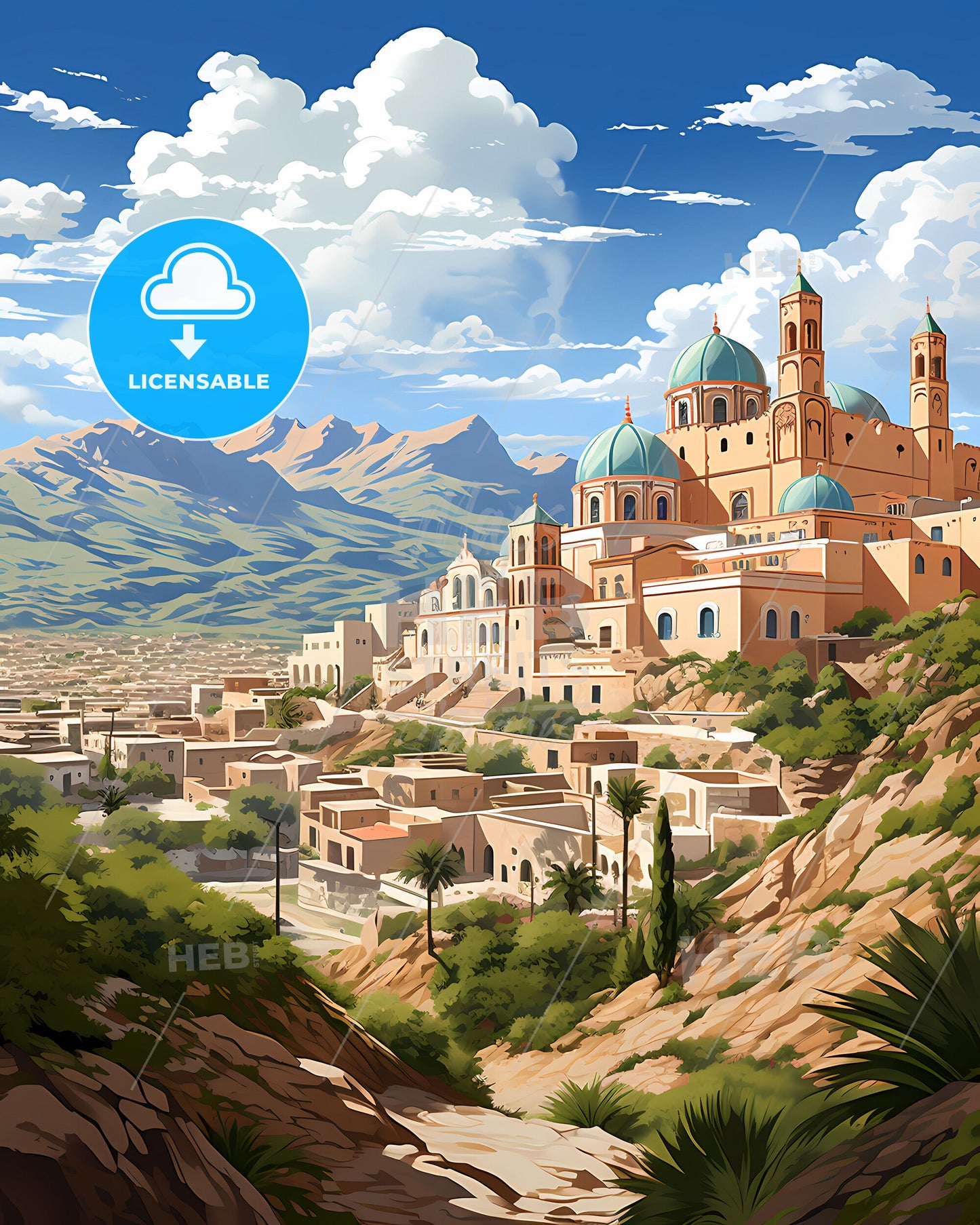 Artistic Skyline of Abha Saudi Arabia, Vibrant Painted Cityscape Featuring Blue Dome and Hilltop Architecture