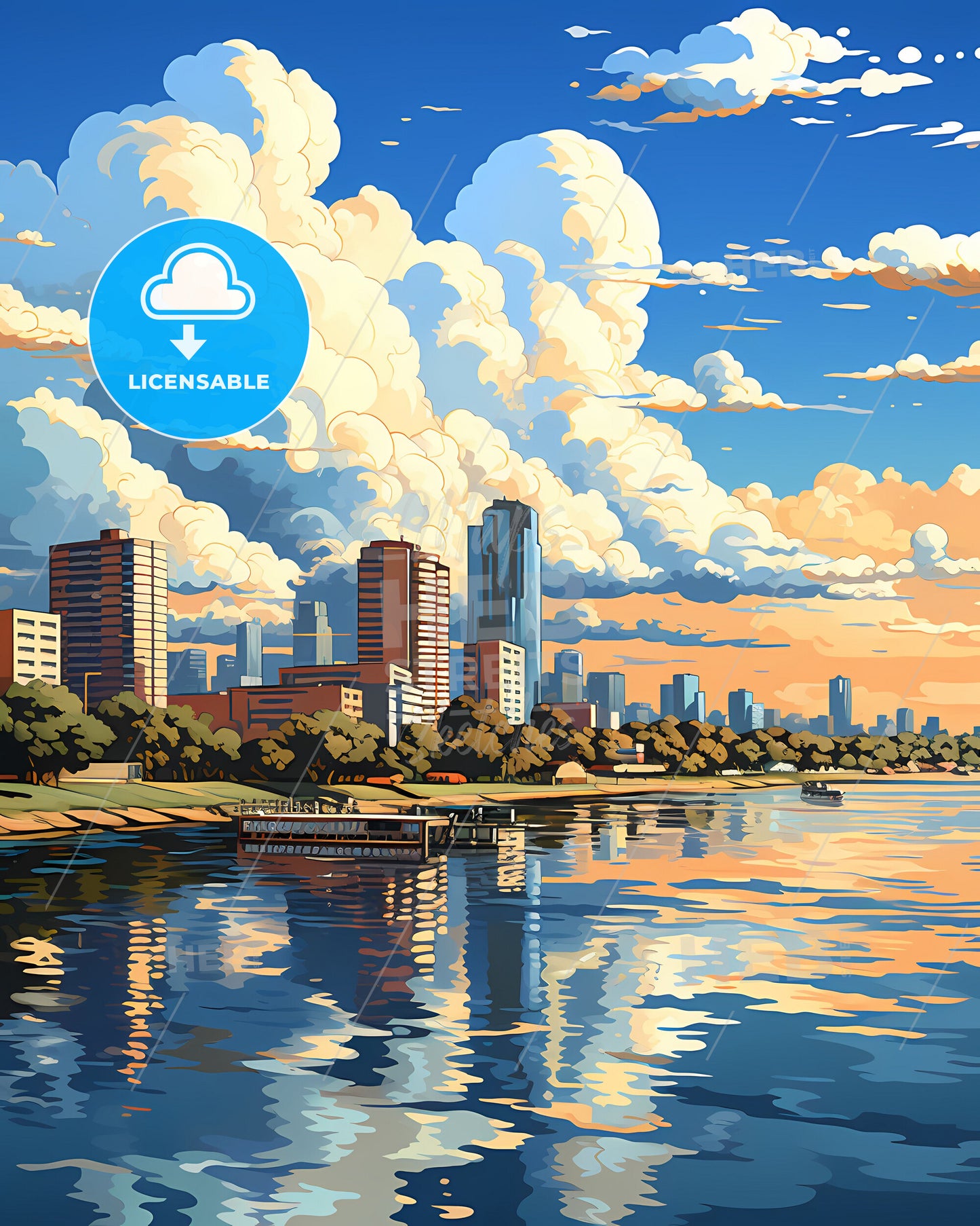 Artistic Impression: Abidjan Ivory Coast City Skyline with Water and Clouds