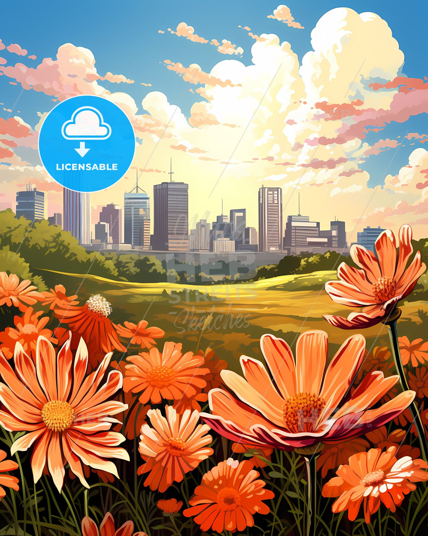 Abidjan Ivory Coast Skyline - Vibrant Painting of Cityscape with Orange Floral Field in the Foreground