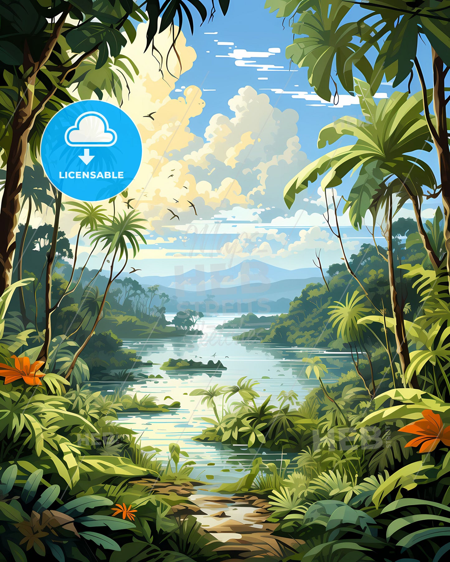 Vibrant Artistic Painting of Abidjan Ivory Coast River Skyline Featuring Lush Greenery